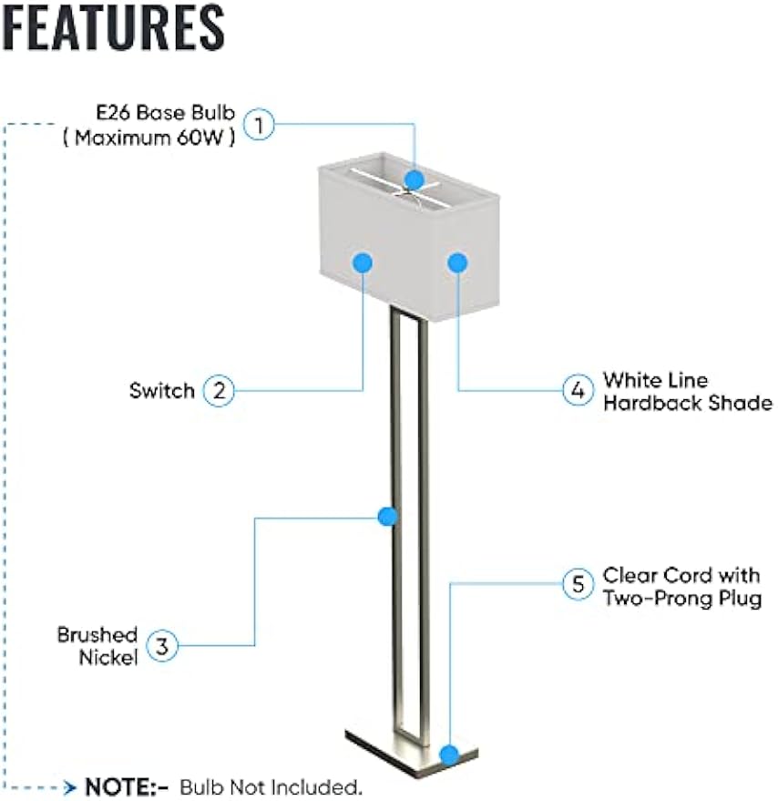 LEDMyPlace Stylish Standing Floor Lamp for Living Room, 61-inch, Brushed Nickel Finish, Pure White Linen Shade, E26 Base, Decorative Corner Lamp w/On&Off Switch, Ideal for Bedroom (Bulb Not Included)