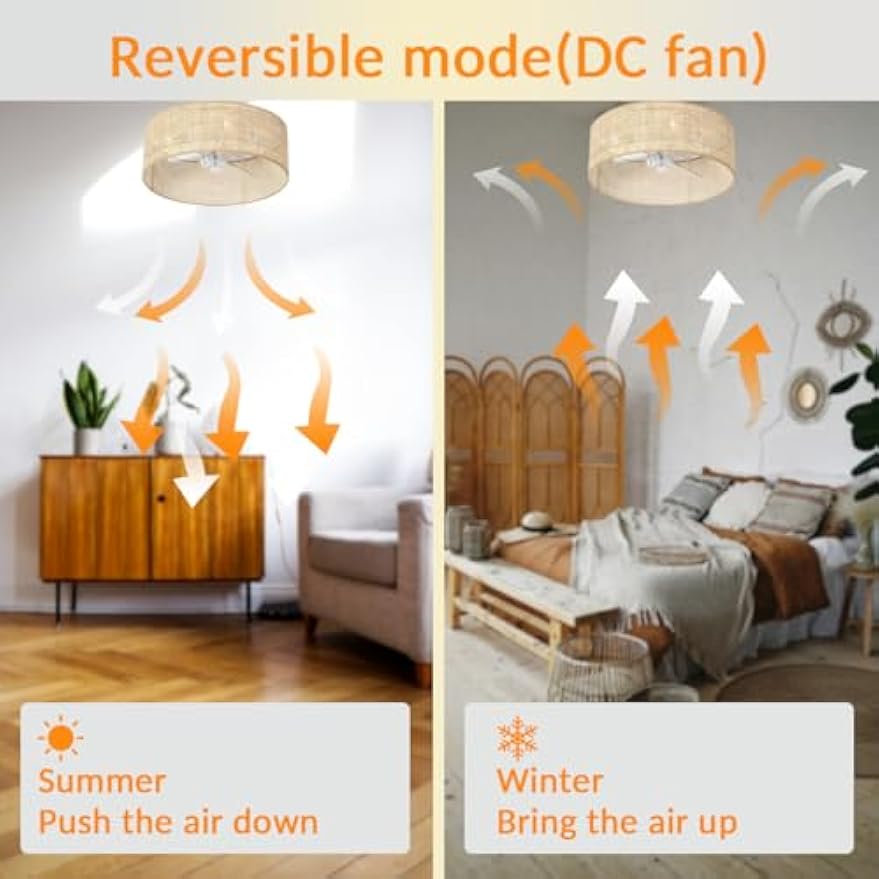Bamboo Small DC Ceiling Fan with Light Fixture and Remote Control,Boho Enclosed Wicker Caged Flush Mount Rattan Cage Drum Low Profile Fandelier for Kitchen Nursery Bedroom Indoor Office Dining Room