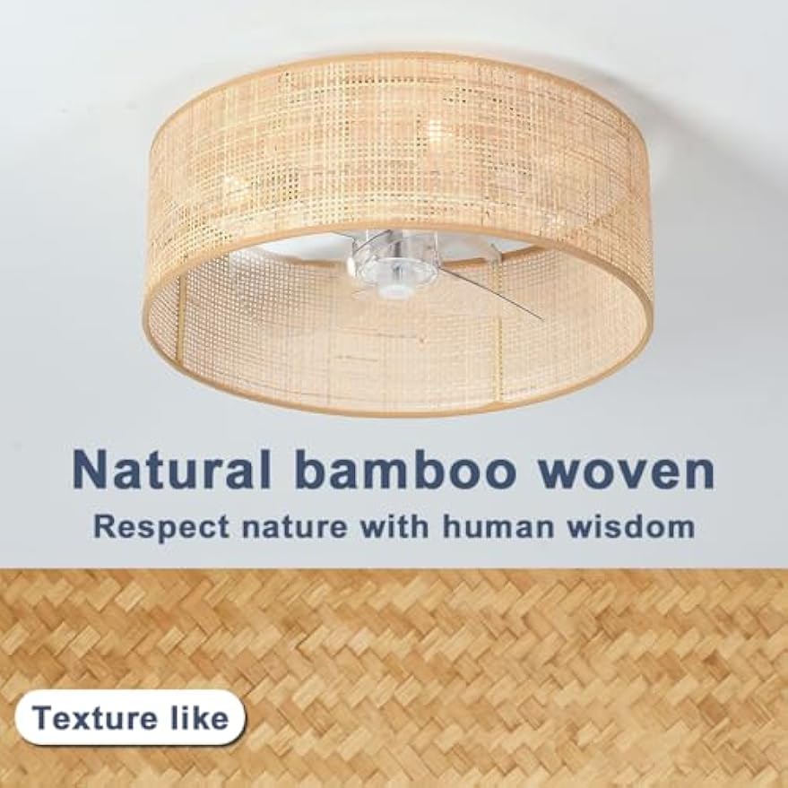 Bamboo Small DC Ceiling Fan with Light Fixture and Remote Control,Boho Enclosed Wicker Caged Flush Mount Rattan Cage Drum Low Profile Fandelier for Kitchen Nursery Bedroom Indoor Office Dining Room