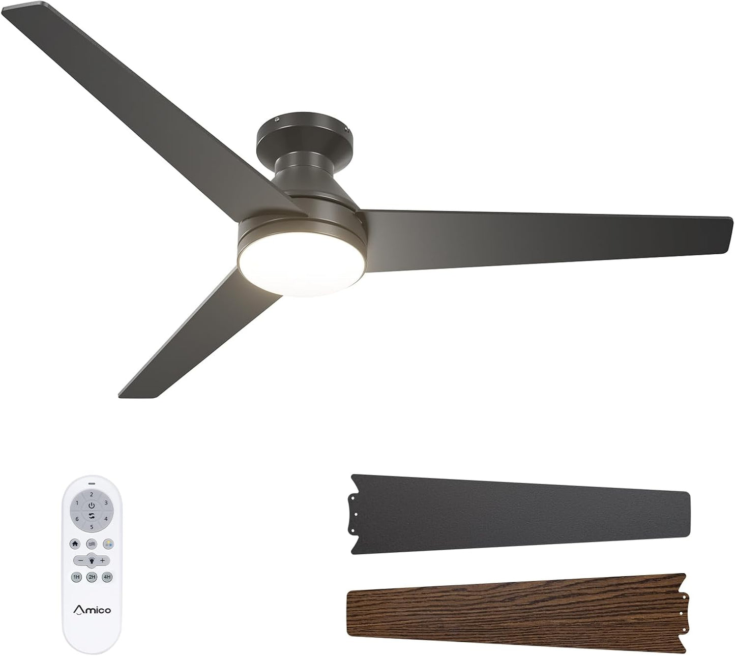 Amico Ceiling Fans with Lights, 42 inch Low Profile Ceiling Fan with Light and Remote Control, Flush Mount, Reversible, 3CCT, Dimmable, Noiseless, White Ceiling Fan for Bedroom, Indoor/Outdoor Use