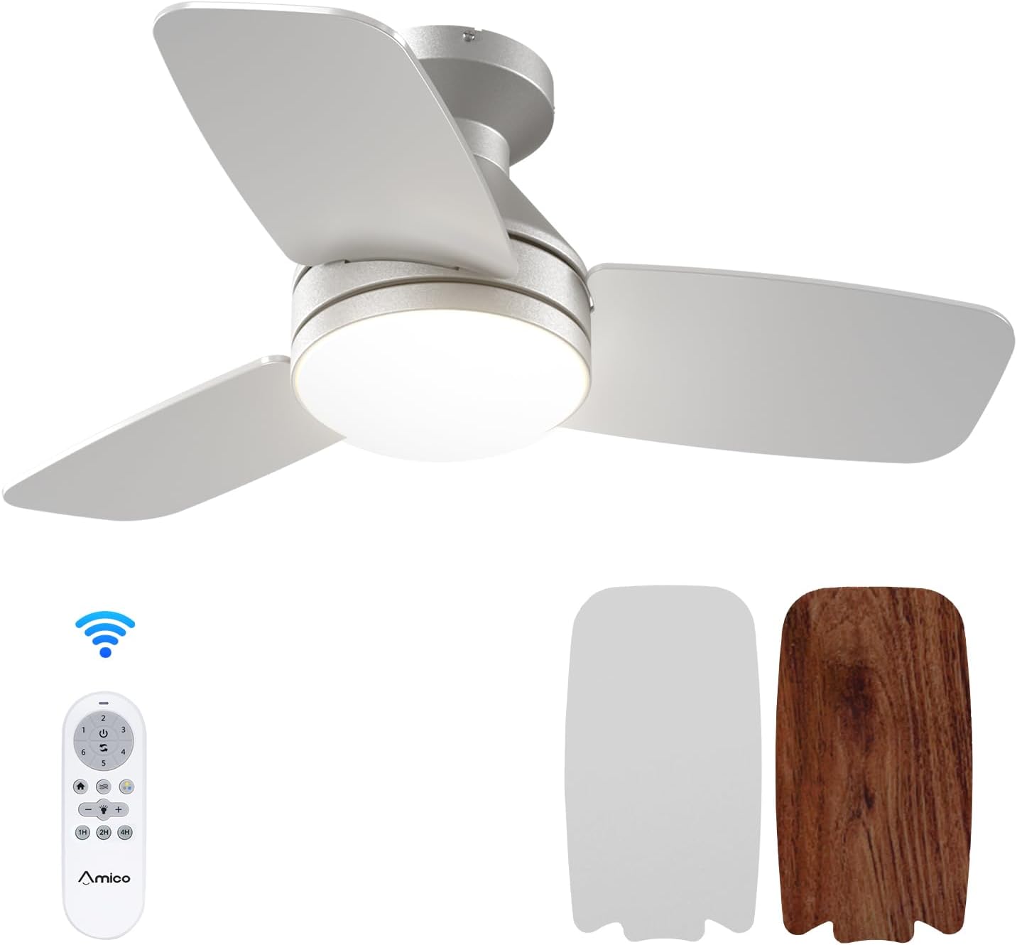 Amico Ceiling Fans with Lights, 42 inch Low Profile Ceiling Fan with Light and Remote Control, Flush Mount, Reversible, 3CCT, Dimmable, Noiseless, White Ceiling Fan for Bedroom, Indoor/Outdoor Use