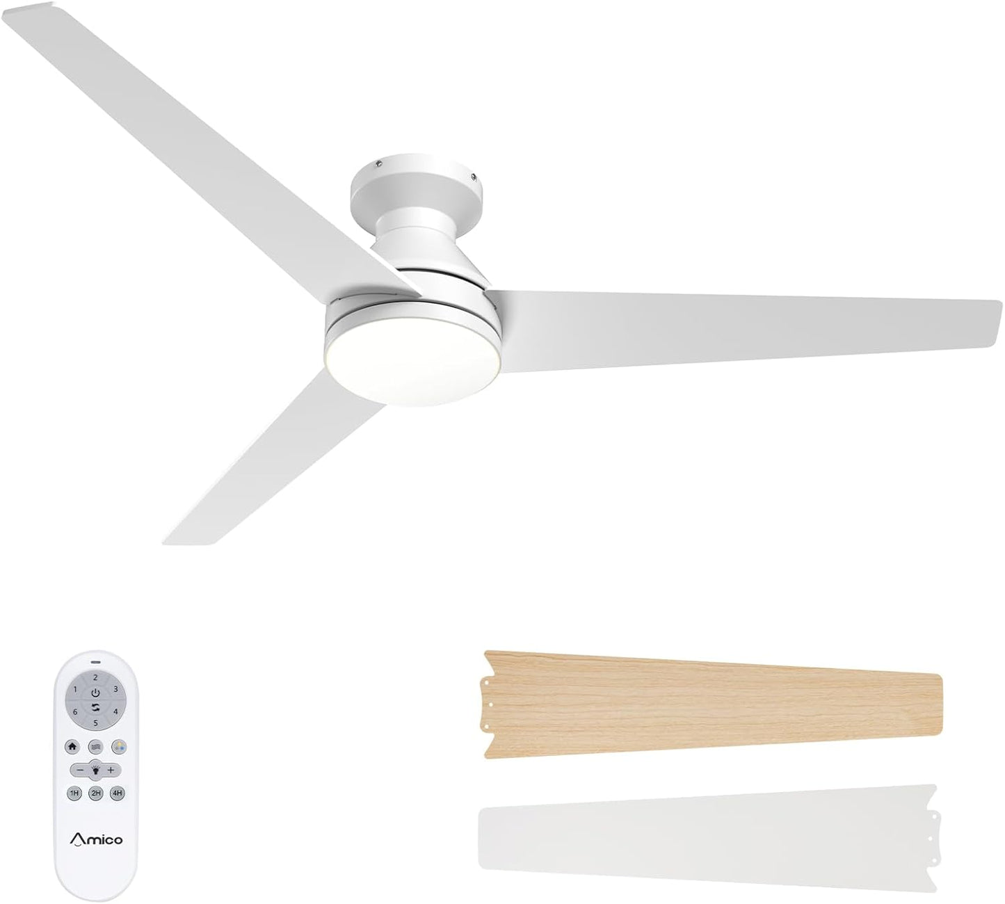 Amico Ceiling Fans with Lights, 42 inch Low Profile Ceiling Fan with Light and Remote Control, Flush Mount, Reversible, 3CCT, Dimmable, Noiseless, White Ceiling Fan for Bedroom, Indoor/Outdoor Use