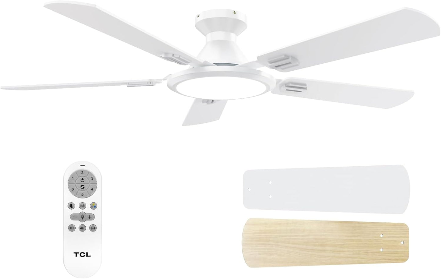 TCL Ceiling Fans with Lights, 52 Inch Low Profile Ceiling Fan with Light and Remote Control, Flush Mount, DC Reversible Motor, Noiseless, 6 Speeds Ceiling Fan for Bedroom (White)