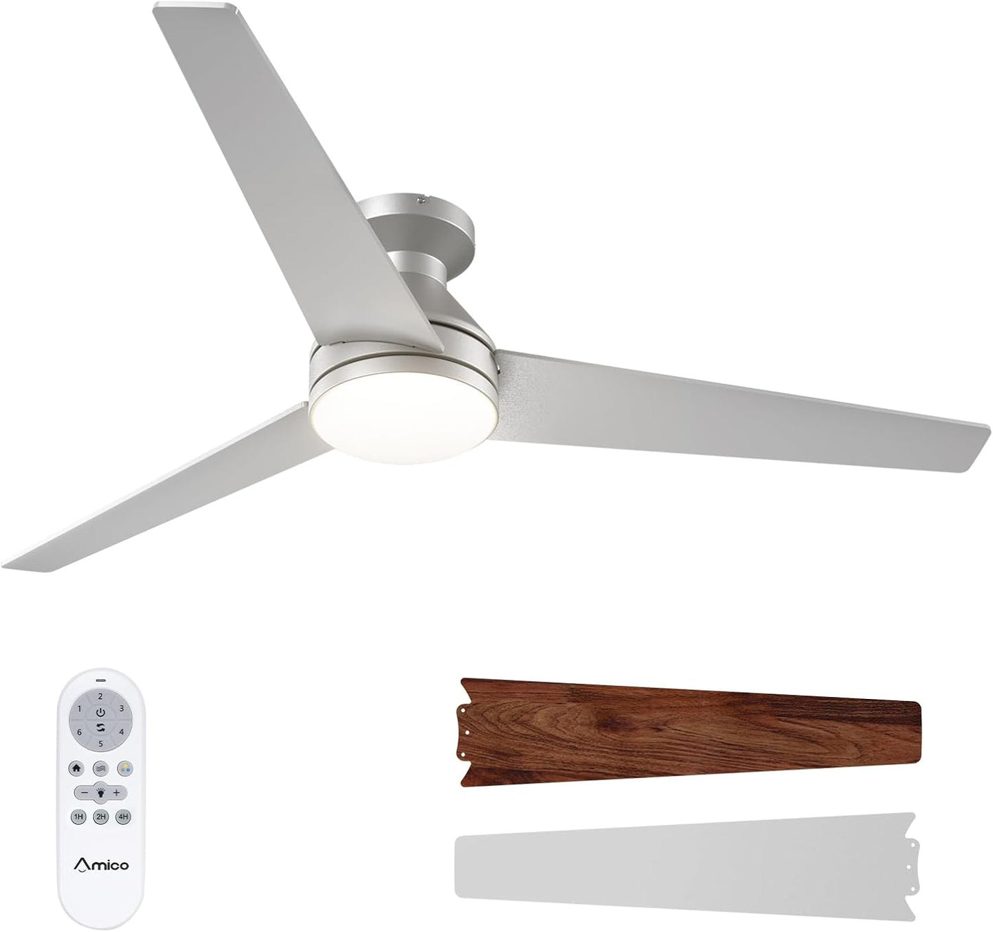 Amico Ceiling Fans with Lights, 42 inch Low Profile Ceiling Fan with Light and Remote Control, Flush Mount, Reversible, 3CCT, Dimmable, Noiseless, White Ceiling Fan for Bedroom, Indoor/Outdoor Use