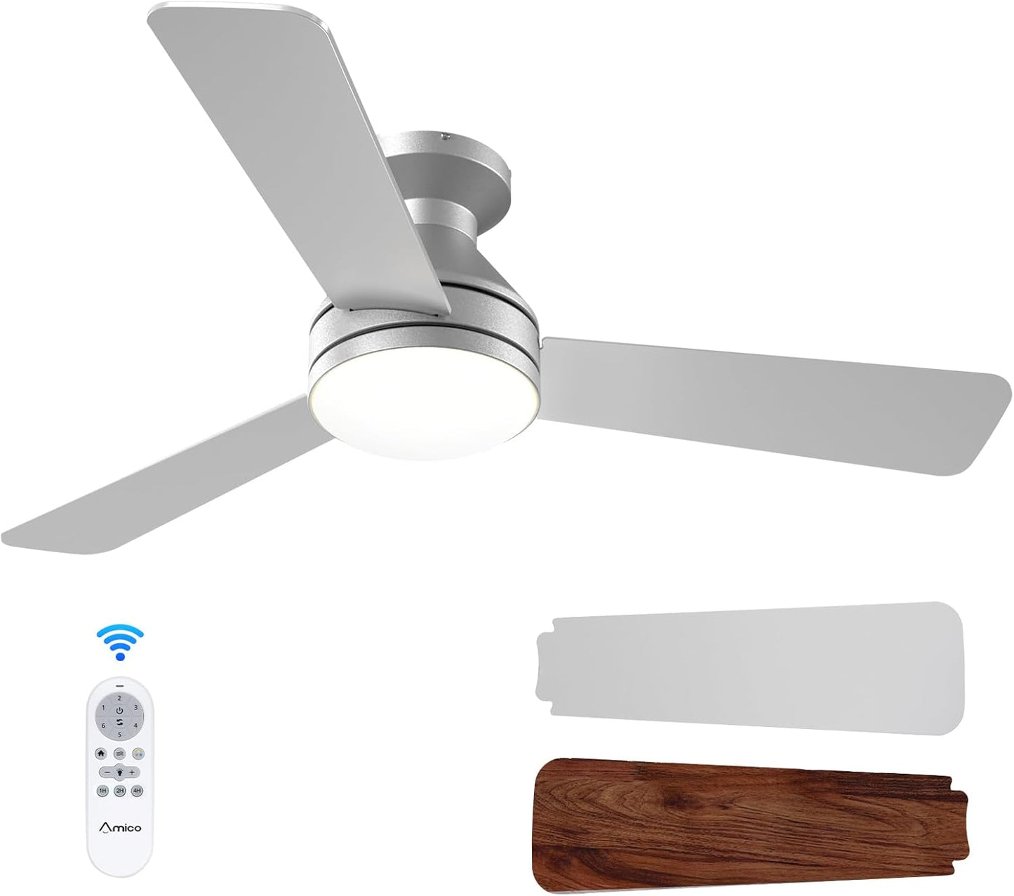 Amico Ceiling Fans with Lights, 42 inch Low Profile Ceiling Fan with Light and Remote Control, Flush Mount, Reversible, 3CCT, Dimmable, Noiseless, White Ceiling Fan for Bedroom, Indoor/Outdoor Use