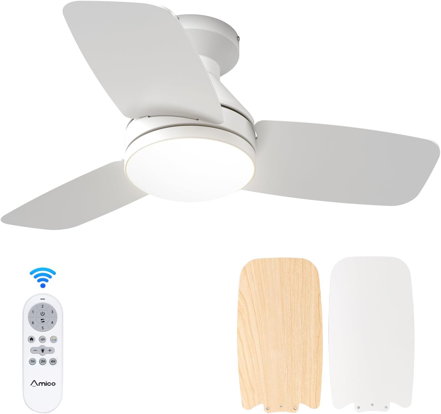 Amico Ceiling Fans with Lights, 42 inch Low Profile Ceiling Fan with Light and Remote Control, Flush Mount, Reversible, 3CCT, Dimmable, Noiseless, White Ceiling Fan for Bedroom, Indoor/Outdoor Use