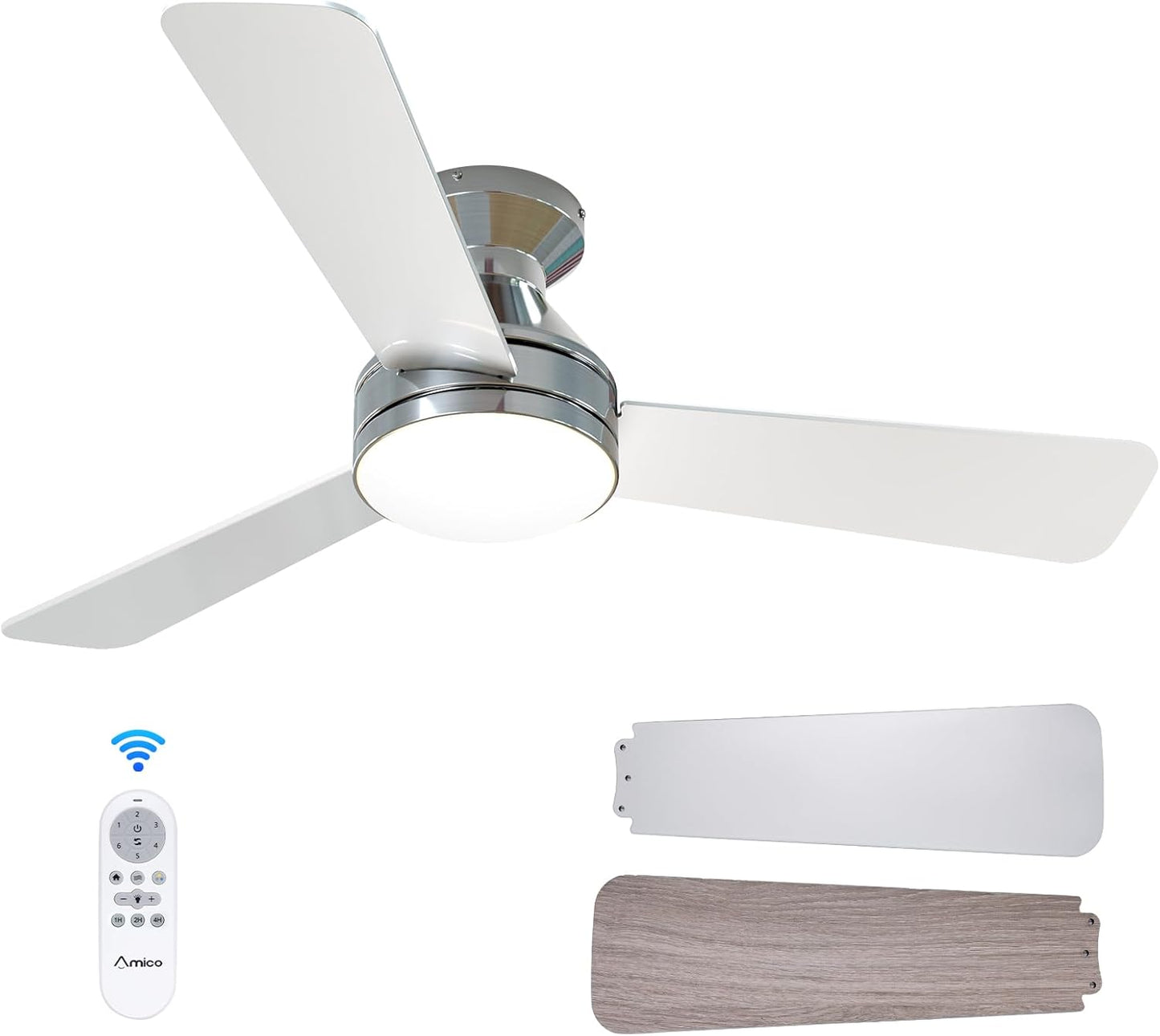 Amico Ceiling Fans with Lights, 42 inch Low Profile Ceiling Fan with Light and Remote Control, Flush Mount, Reversible, 3CCT, Dimmable, Noiseless, White Ceiling Fan for Bedroom, Indoor/Outdoor Use