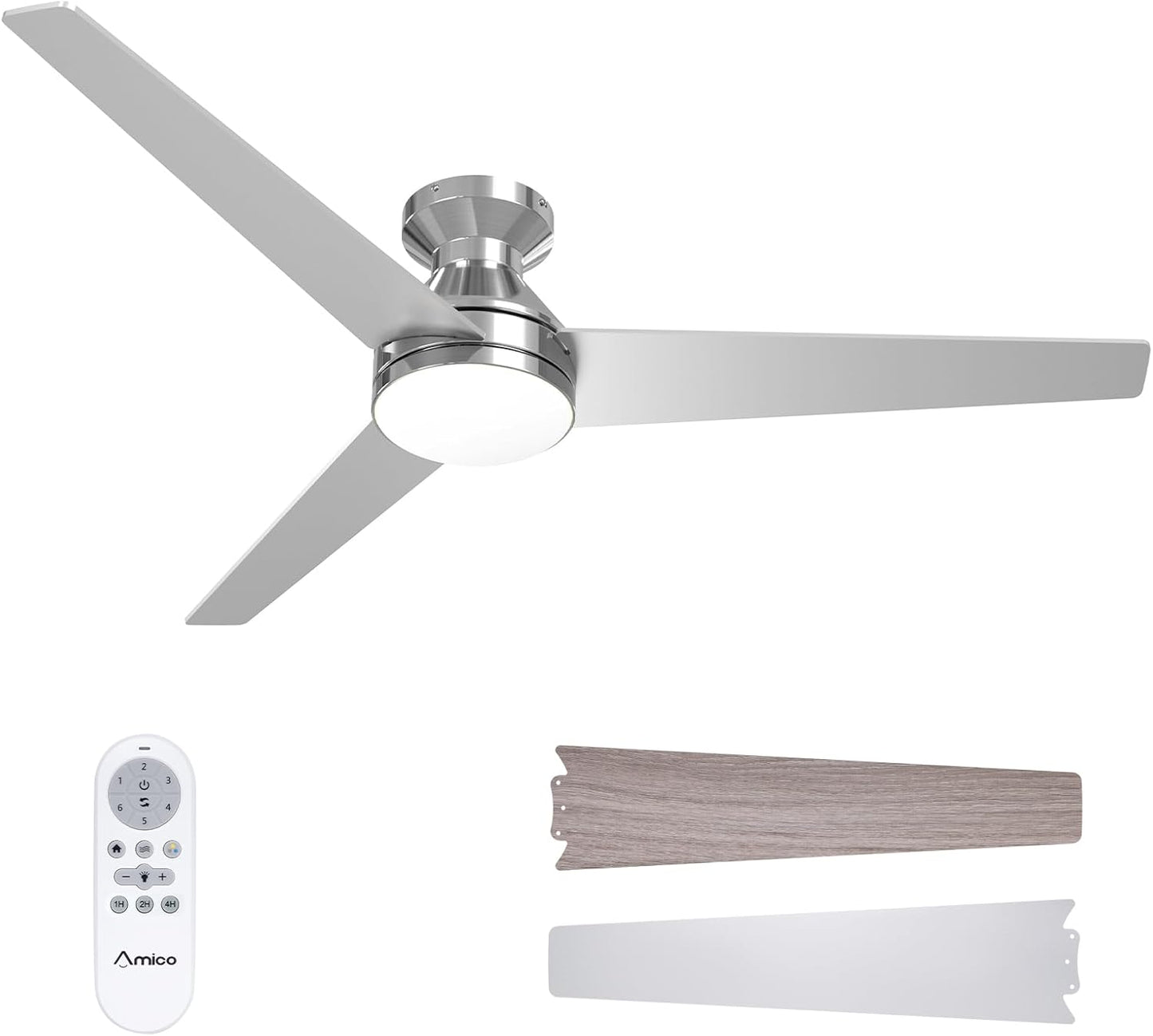 Amico Ceiling Fans with Lights, 42 inch Low Profile Ceiling Fan with Light and Remote Control, Flush Mount, Reversible, 3CCT, Dimmable, Noiseless, White Ceiling Fan for Bedroom, Indoor/Outdoor Use