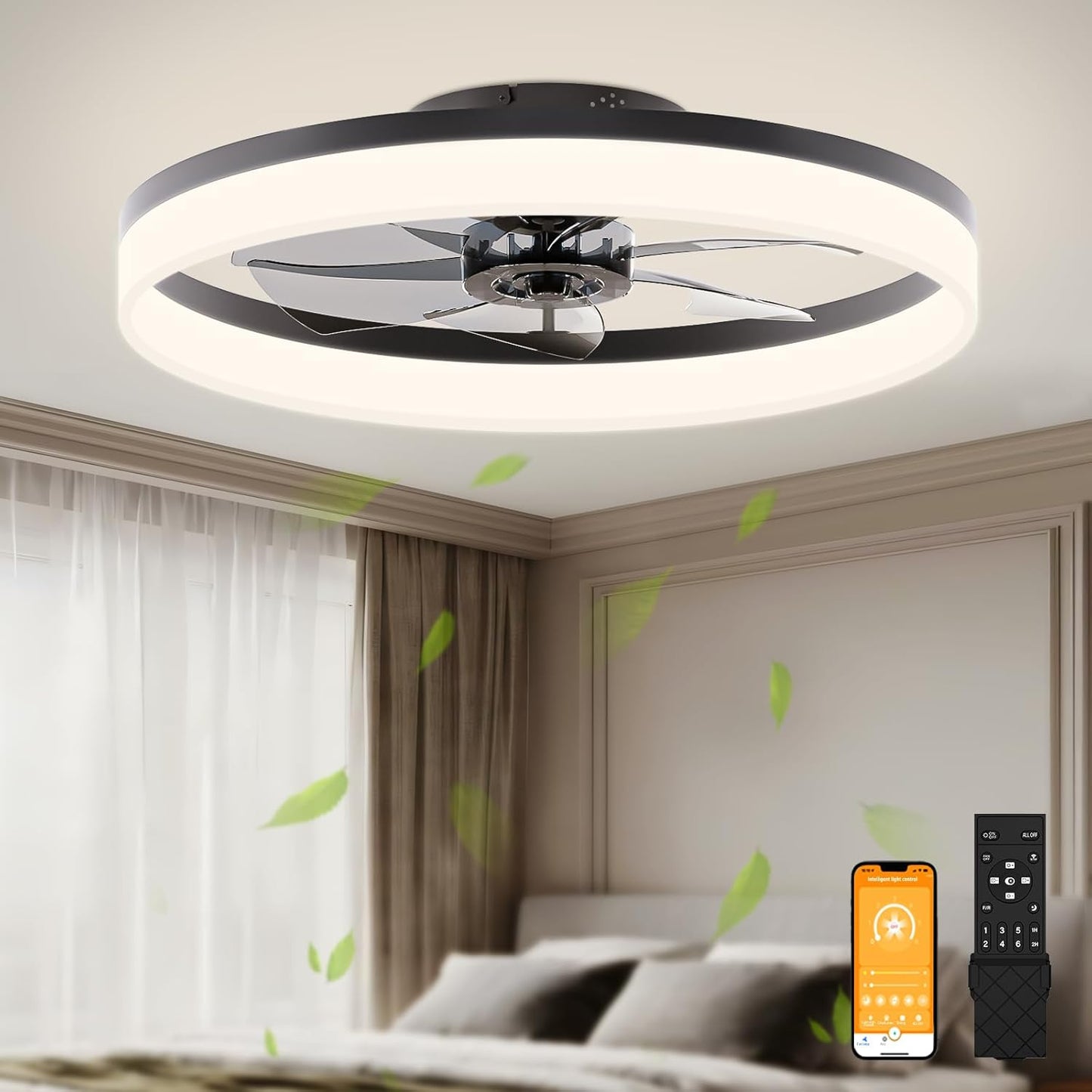 VOLISUN Low Profile Ceiling Fans with Lights and Remote, 19.7in Fandelier Ceiling Fan Flush Mount, 3000K-6500K Smart Bladeless LED Fan Light, White Modern Ceiling Fans with Lights for Bedroom