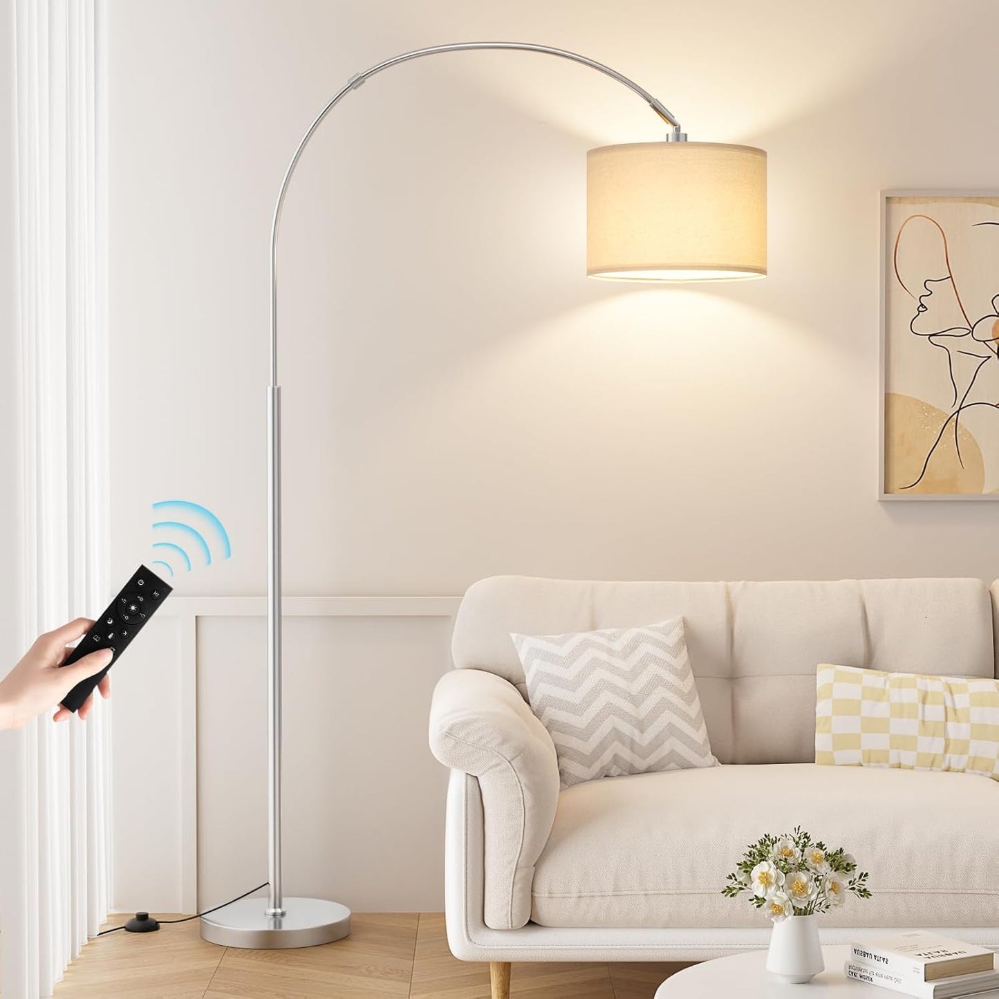 Ambimall 70" Dimmable Arc Floor Lamp with Remote, Color Temperature and Brightness Adjustable, Arched Floor Lamp with Rotating Head, Over Couch Arched Reading Light for Living Room (Beige and Black)