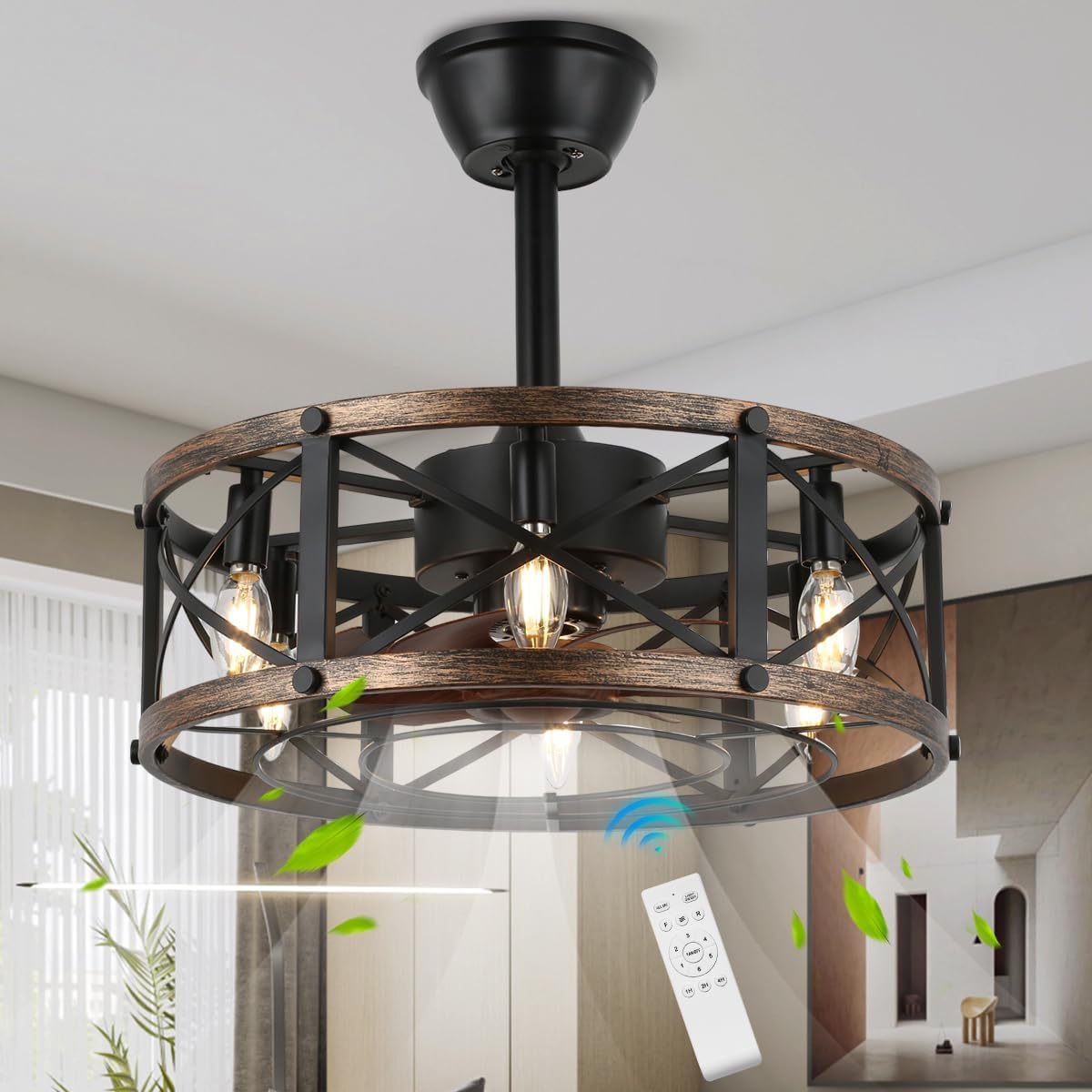 19" Farmhouse Flush Mount Caged Ceiling Fans with Lights, 6 Speeds, Rustic Low Profile Ceiling Fan with Light and Remote, Small Bladeless Ceiling Fans with Lights for Kitchen, Bedroom - ETL