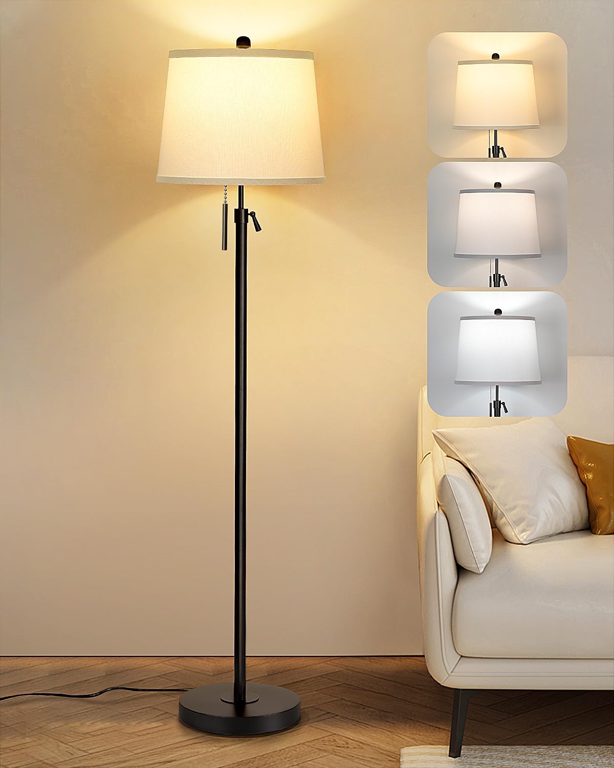 Floor Lamps for Living Room, Black Floor Lamp Adjustable Height Standing Lamp, Dimmable Modern Tall Floor Lamp for Bedroom Office with Beige Linen Shade, 8W 3000K Bulb Included