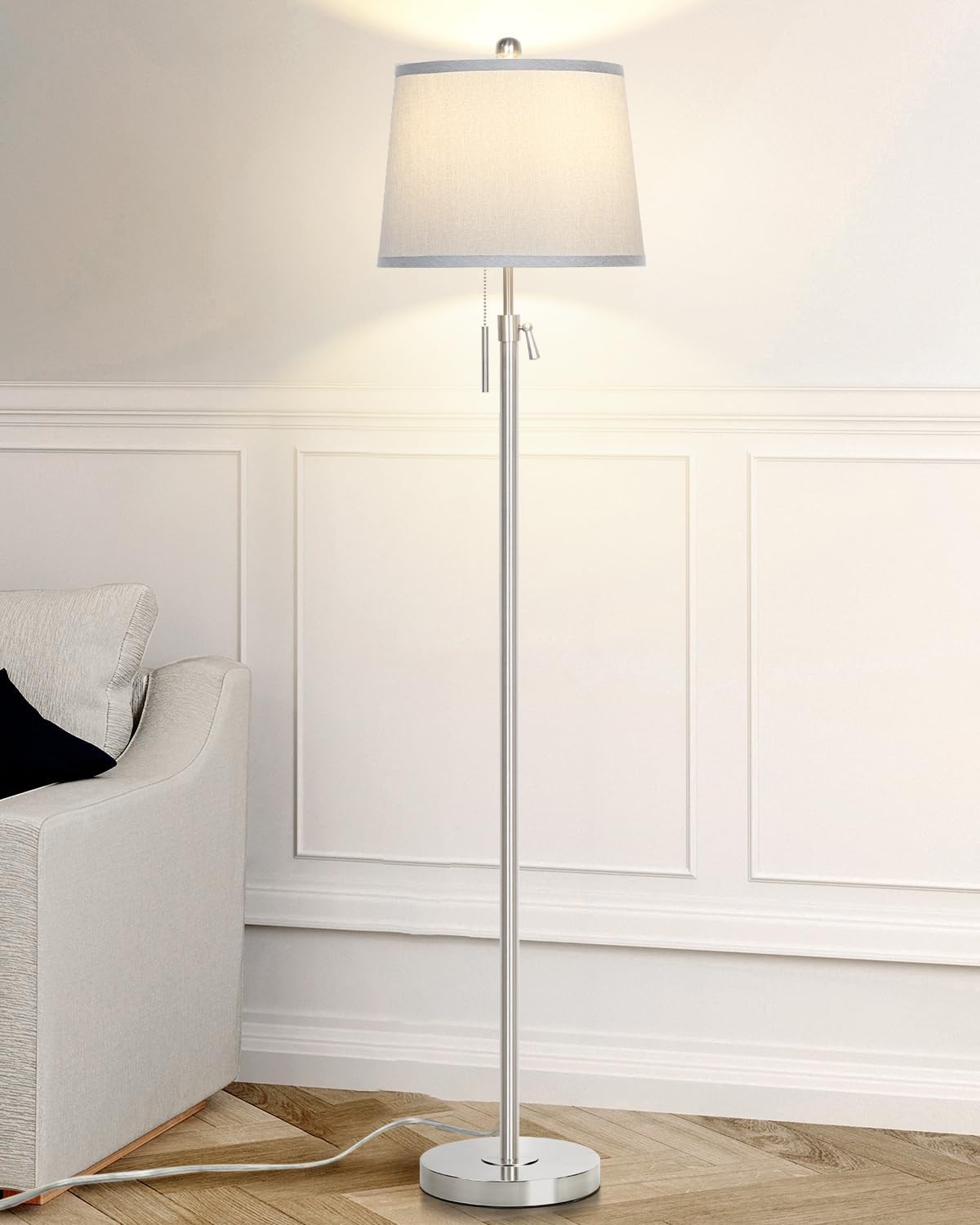Floor Lamps for Living Room, Black Floor Lamp Adjustable Height Standing Lamp, Dimmable Modern Tall Floor Lamp for Bedroom Office with Beige Linen Shade, 8W 3000K Bulb Included