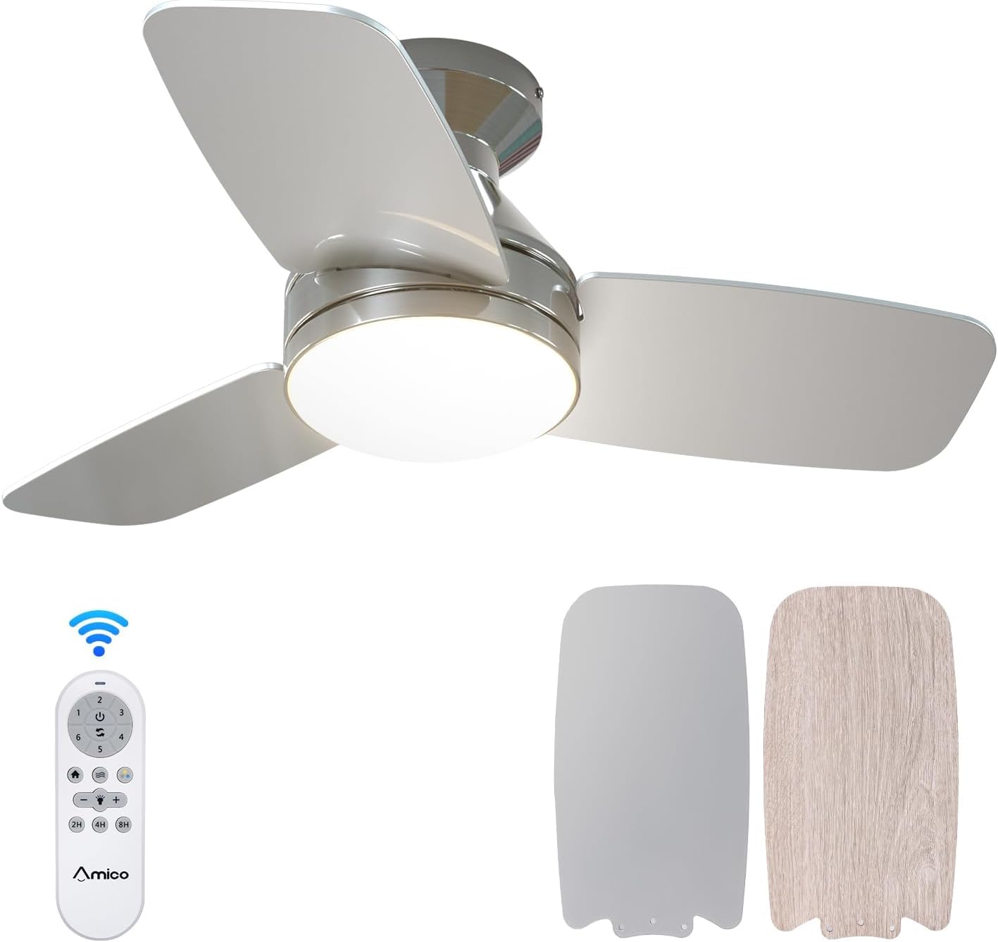 Amico Ceiling Fans with Lights, 42 inch Low Profile Ceiling Fan with Light and Remote Control, Flush Mount, Reversible, 3CCT, Dimmable, Noiseless, White Ceiling Fan for Bedroom, Indoor/Outdoor Use