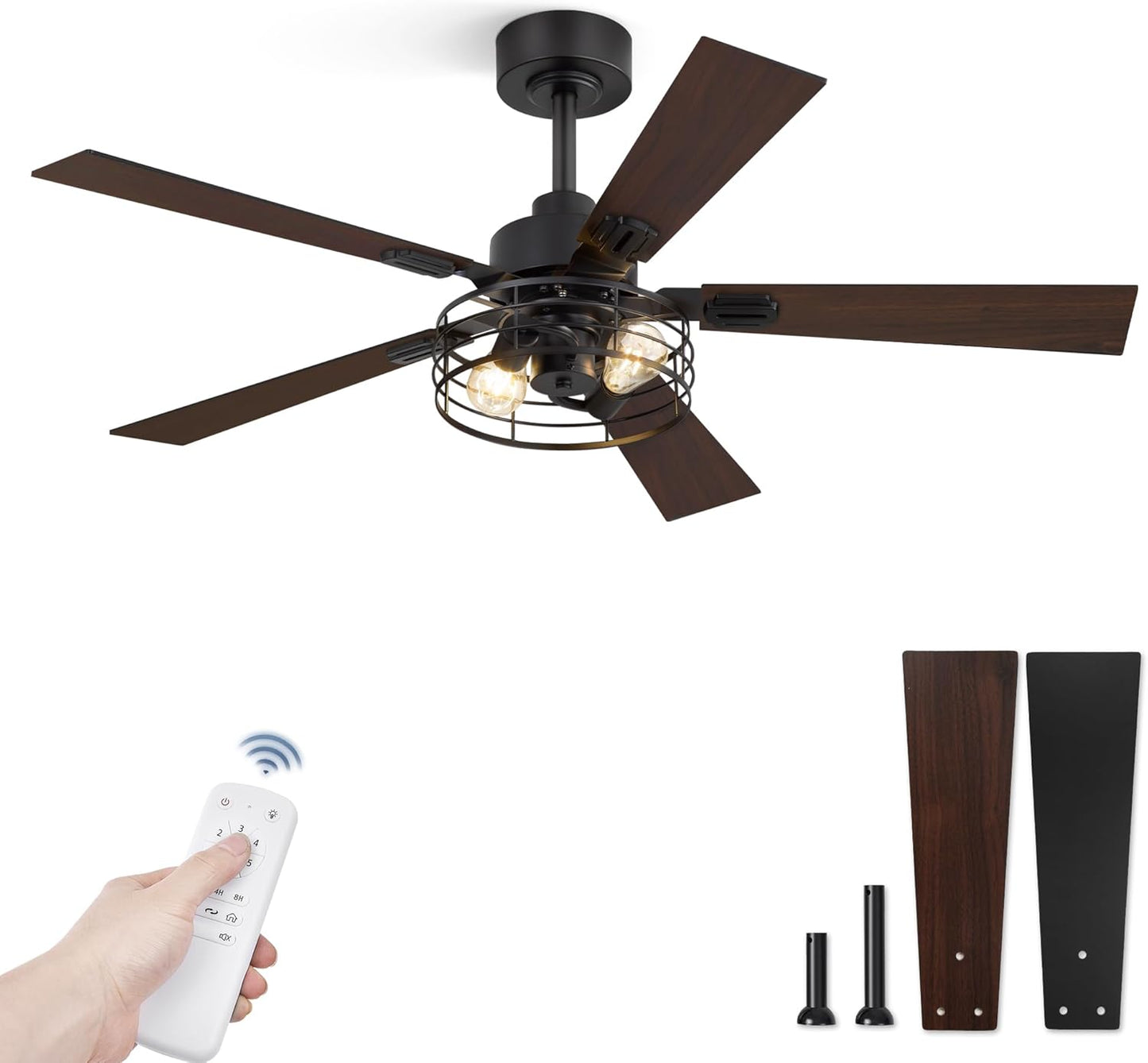 2 Pack Farmhouse 42 Ceiling Fans with Lights, Black Industrial Caged Ceiling Fans for Bedroom Living Room, Double-Sided 5 Blades Rustic Ceiling Fan