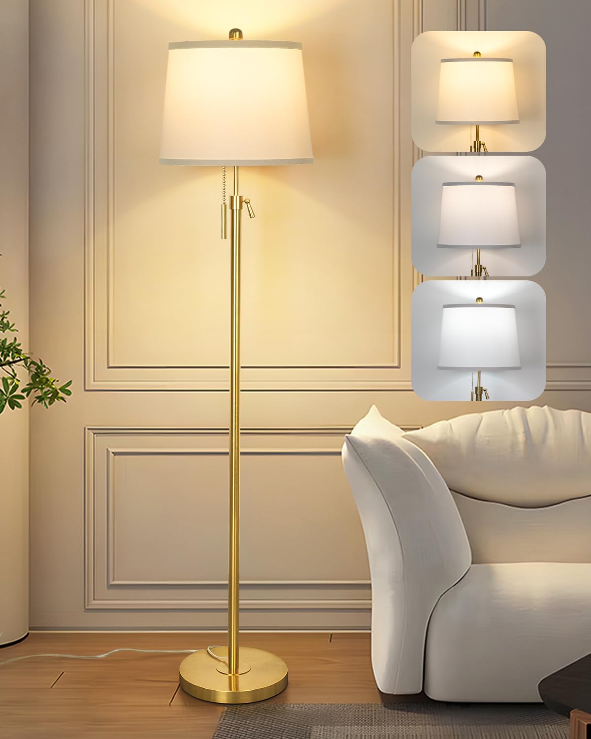Floor Lamps for Living Room, Black Floor Lamp Adjustable Height Standing Lamp, Dimmable Modern Tall Floor Lamp for Bedroom Office with Beige Linen Shade, 8W 3000K Bulb Included