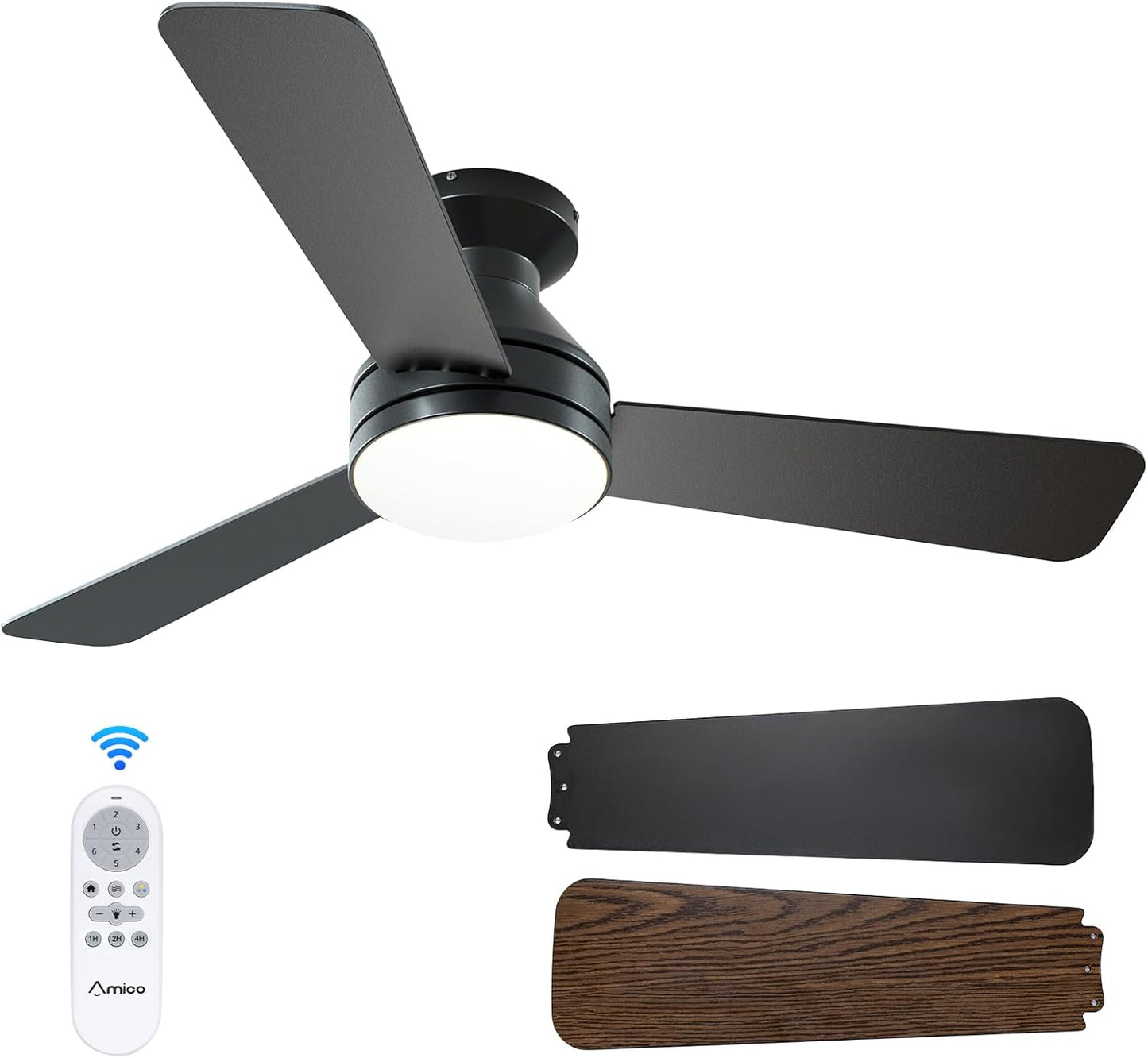 Amico Ceiling Fans with Lights, 42 inch Low Profile Ceiling Fan with Light and Remote Control, Flush Mount, Reversible, 3CCT, Dimmable, Noiseless, White Ceiling Fan for Bedroom, Indoor/Outdoor Use
