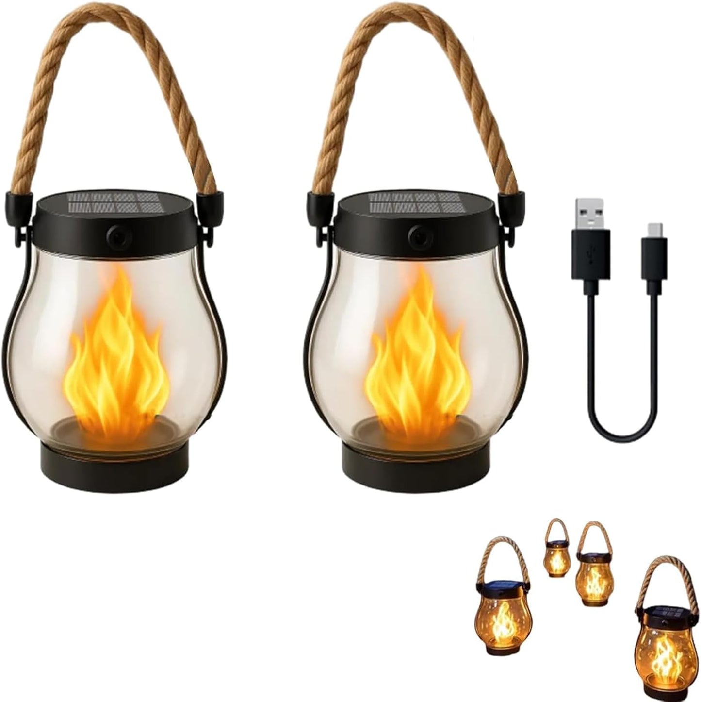 Kaliqo Solar Lantern Outdoor Lights Waterproof,Flickering Flame SolarLantern Waterproof Light,Kaligo Hemp Rope Hanging Flame Lanterns for Garden Yard Decorations (5)