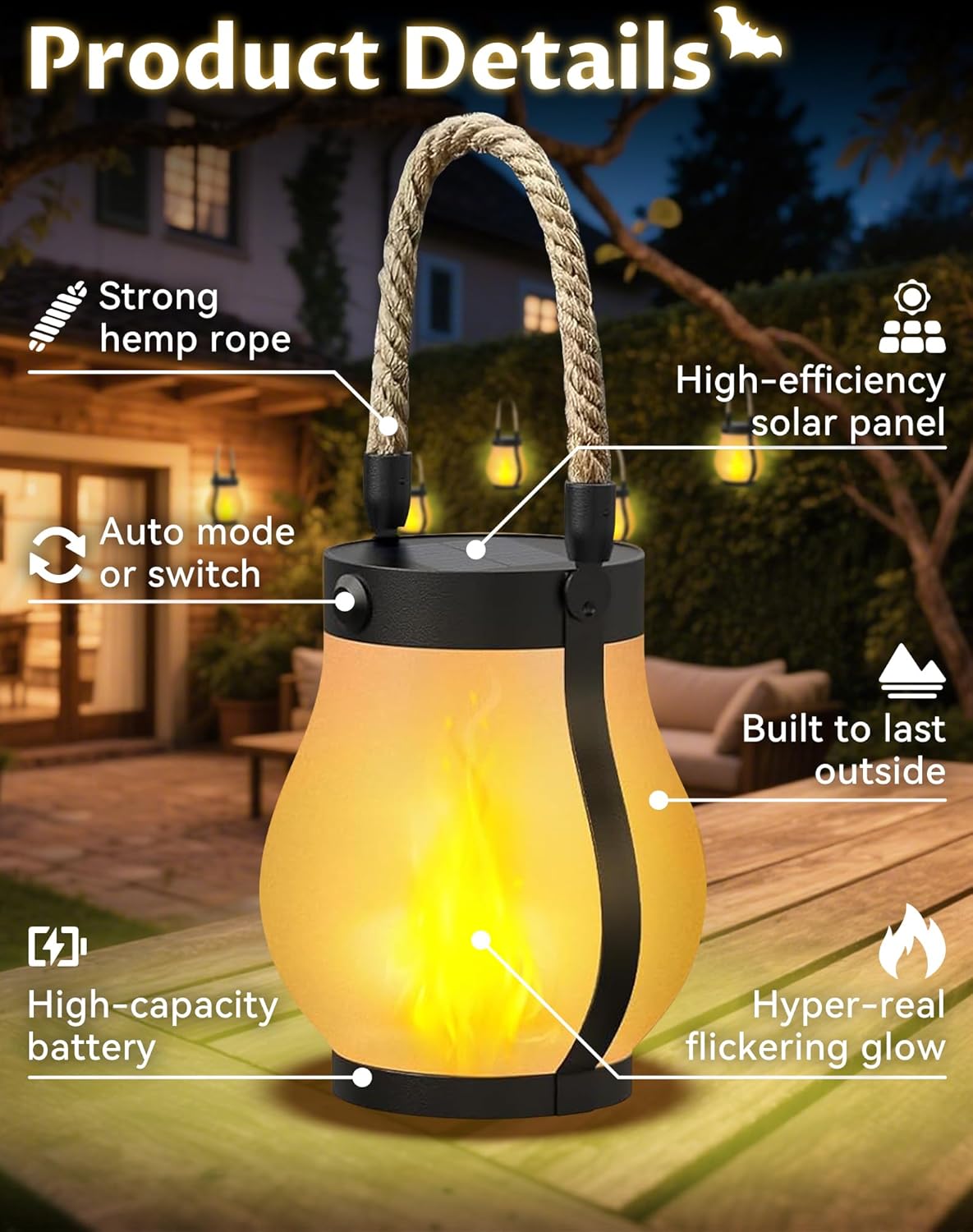 Kaliqo – Kaliqo Solar Lantern Outdoor Lights Waterproof, Dancing Flame Solar Lantern Outdoor Lights, Kaligo Hemp Rope Hanging Flame Lanterns for Garden Yard Decorations (6Pcs)