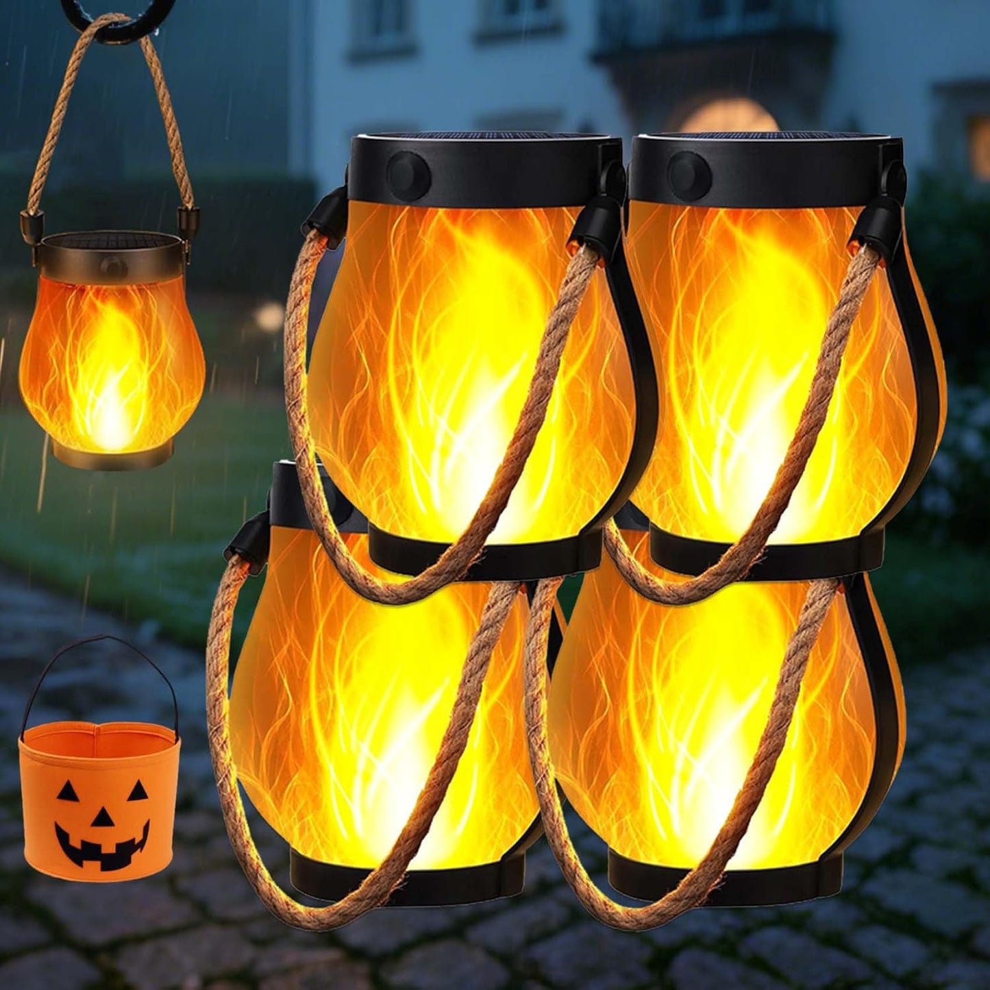 Solar Lantern Outdoor Lights, whimsyard solars Lantern Waterproof with Hemp Rope, Hanging Solar Lanterns, Dual Charging Modes for Garden Yard Decorations (5PCS)