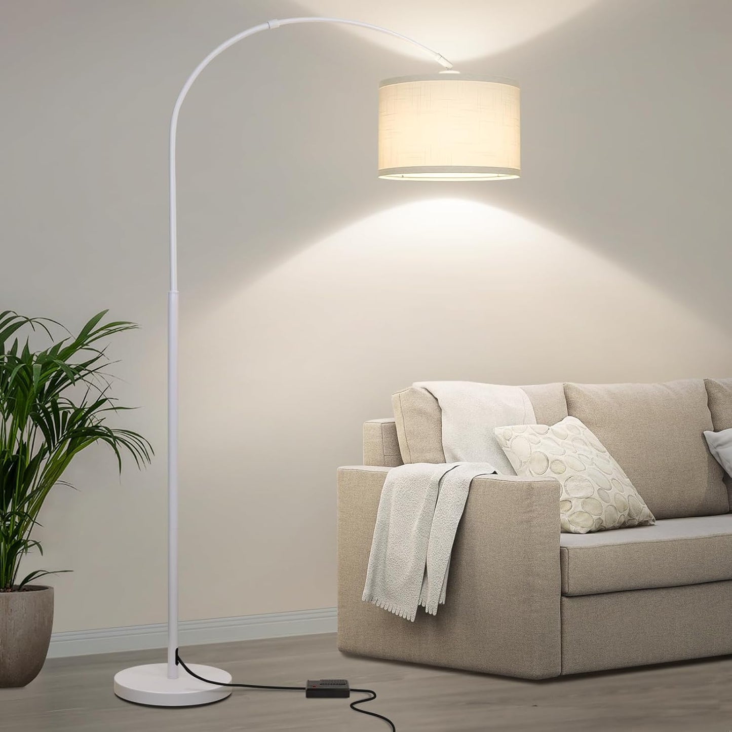 Dimmable Floor Lamp, Arc Floor Lamp with Dimmer, Black Standing Lamp with Adjustable Hanging Shade, Over Couch Tall Reading Light, Modern Pole Lamp for Living Room Bedroom, 9W LED Bulb Included