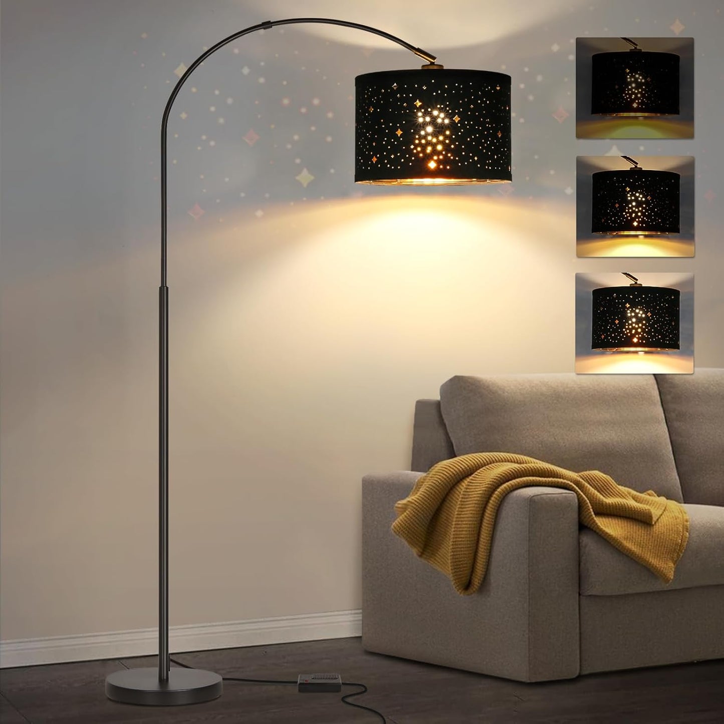 Dimmable Floor Lamp, Arc Floor Lamp with Dimmer, Black Standing Lamp with Adjustable Hanging Shade, Over Couch Tall Reading Light, Modern Pole Lamp for Living Room Bedroom, 9W LED Bulb Included