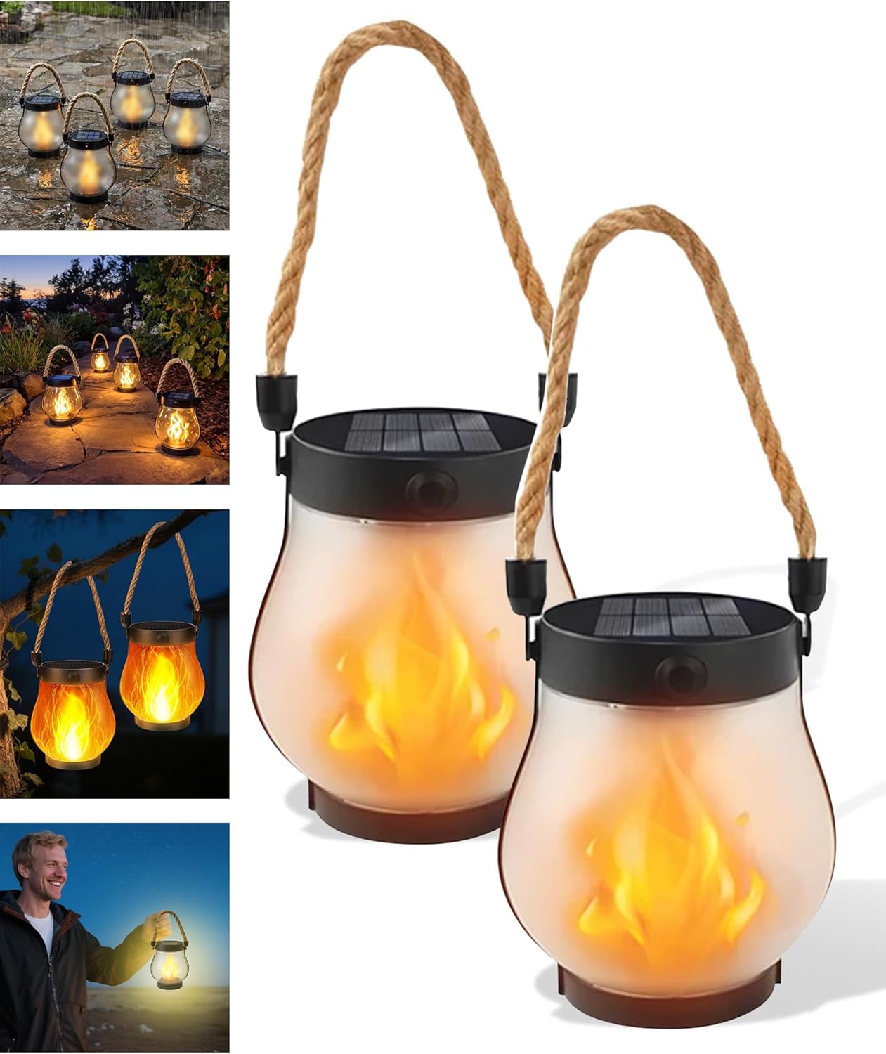 Kaliqo – Kaliqo Solar Lantern Outdoor Lights Waterproof, Dancing Flame Solar Lantern Outdoor Lights, Kaligo Hemp Rope Hanging Flame Lanterns for Garden Yard Decorations (6Pcs)