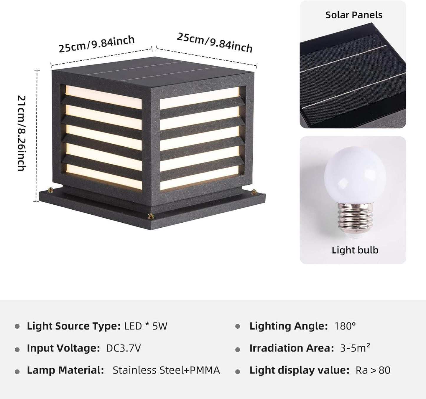 Solar Post Lights, 9.84" Pillar Light Outdoor Waterproof Modern Column Lamp Outside Gate Posts Cap Lantern 3000K LED Lighting Fixture for Flat Surface Patio Garden Driveway Decoration