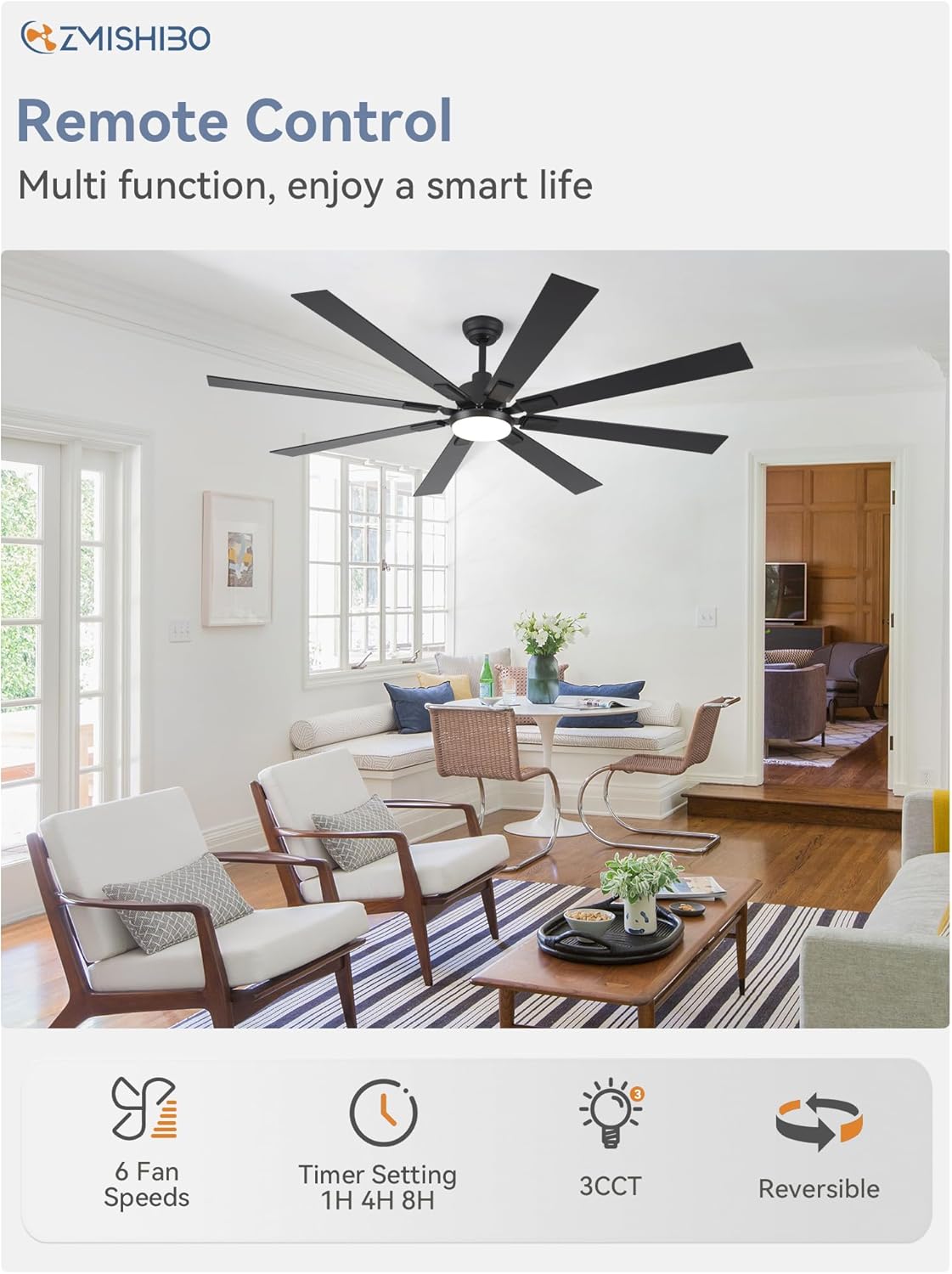ZMISHIBO 72 inch Large Ceiling Fans with Lights and Remote, Indoor/Outdoor Black Modern Ceiling Fan for Kitchen Living Room Patio, 6 Speed Reversible Quiet DC Motor, 3 CCT, Dual Finish 8 Blades