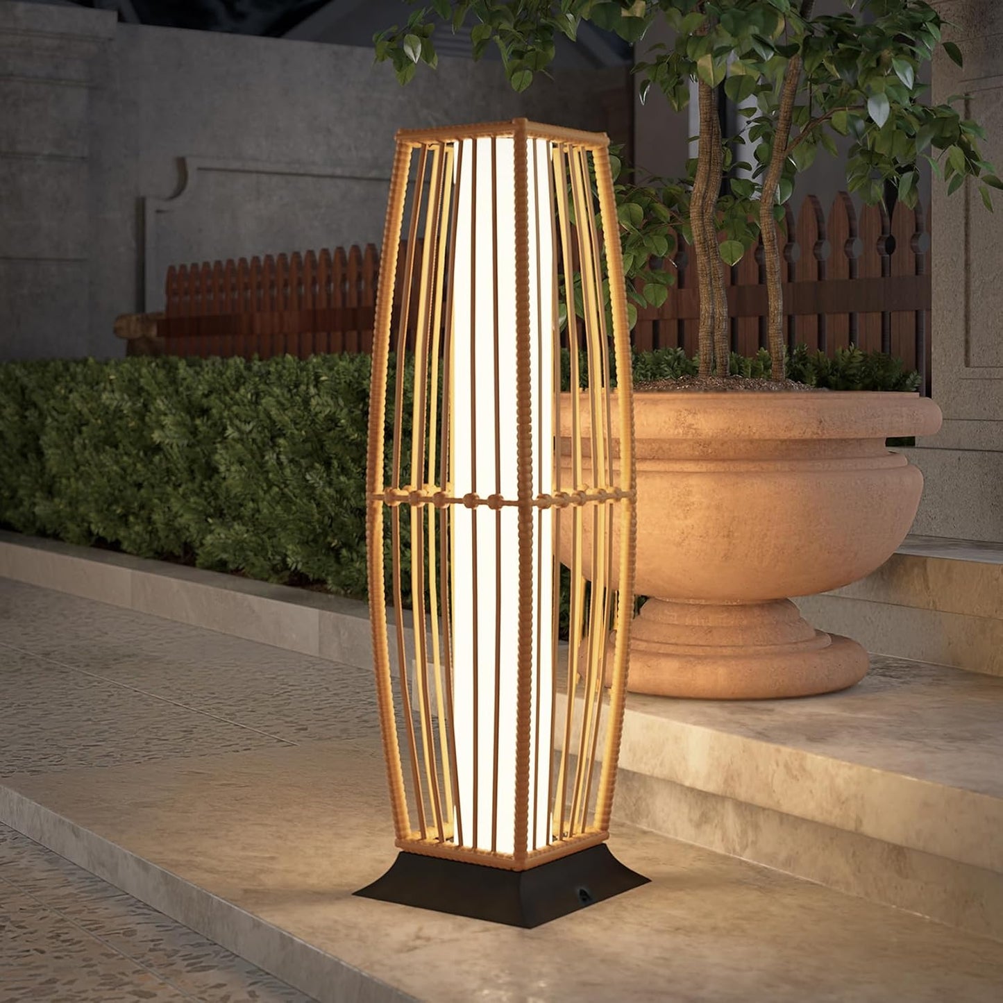 Grand patio 2-Piece Outdoor Solar-Powered Woven Wicker Lantern Floor Lamp Decoration for Deck Garden Lawn Porch - Medium Cindy, Silver Gray