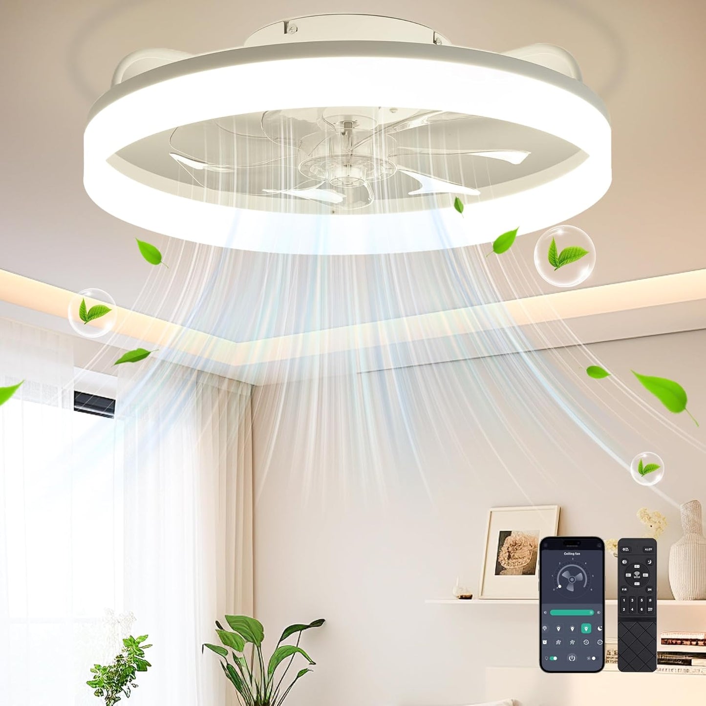 72 inch Ceiling Fans with Lights and Remote Control,Indoor/Outdoor Flush Mount Low Profile Commercial Reversible Dimmable Wood Grain Ceiling Fans for Living Room Patio Industrial Shop.