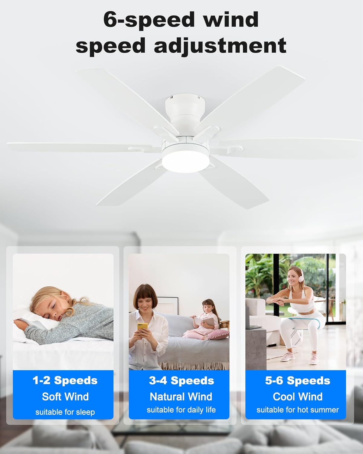 Coolwind 52 Inch White Low Profile Ceiling Fan with Light, 6 Speeds 3 Color Temperatures Led Outdoor Ceiling Fans for Bedroom