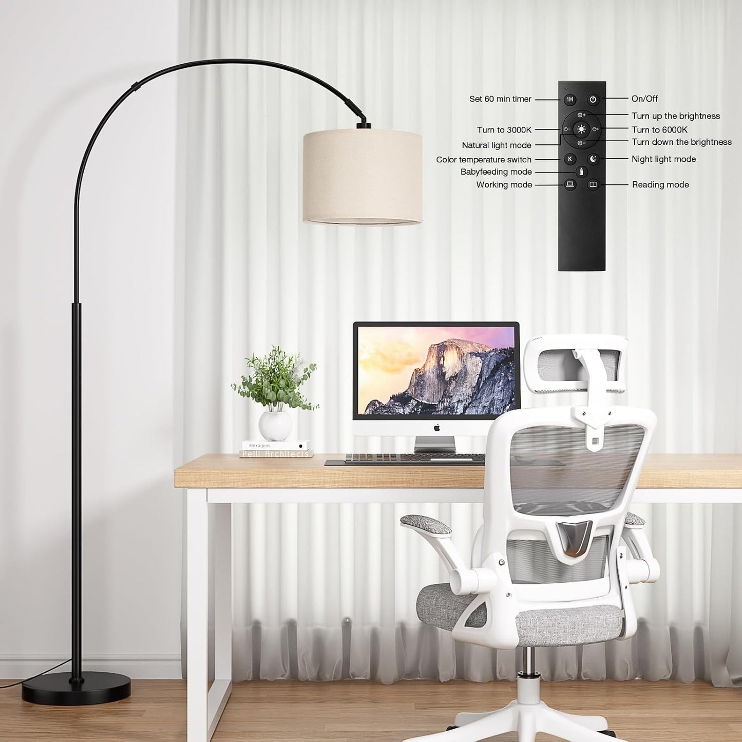 Ambimall 70" Dimmable Arc Floor Lamp with Remote, Color Temperature and Brightness Adjustable, Arched Floor Lamp with Rotating Head, Over Couch Arched Reading Light for Living Room (Beige and Black)