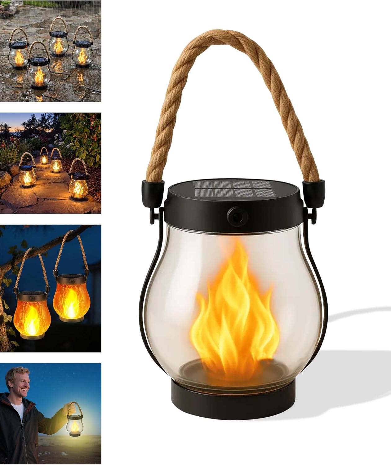 Kaliqo – Kaliqo Solar Lantern Outdoor Lights Waterproof, Dancing Flame Solar Lantern Outdoor Lights, Kaligo Hemp Rope Hanging Flame Lanterns for Garden Yard Decorations (6Pcs)