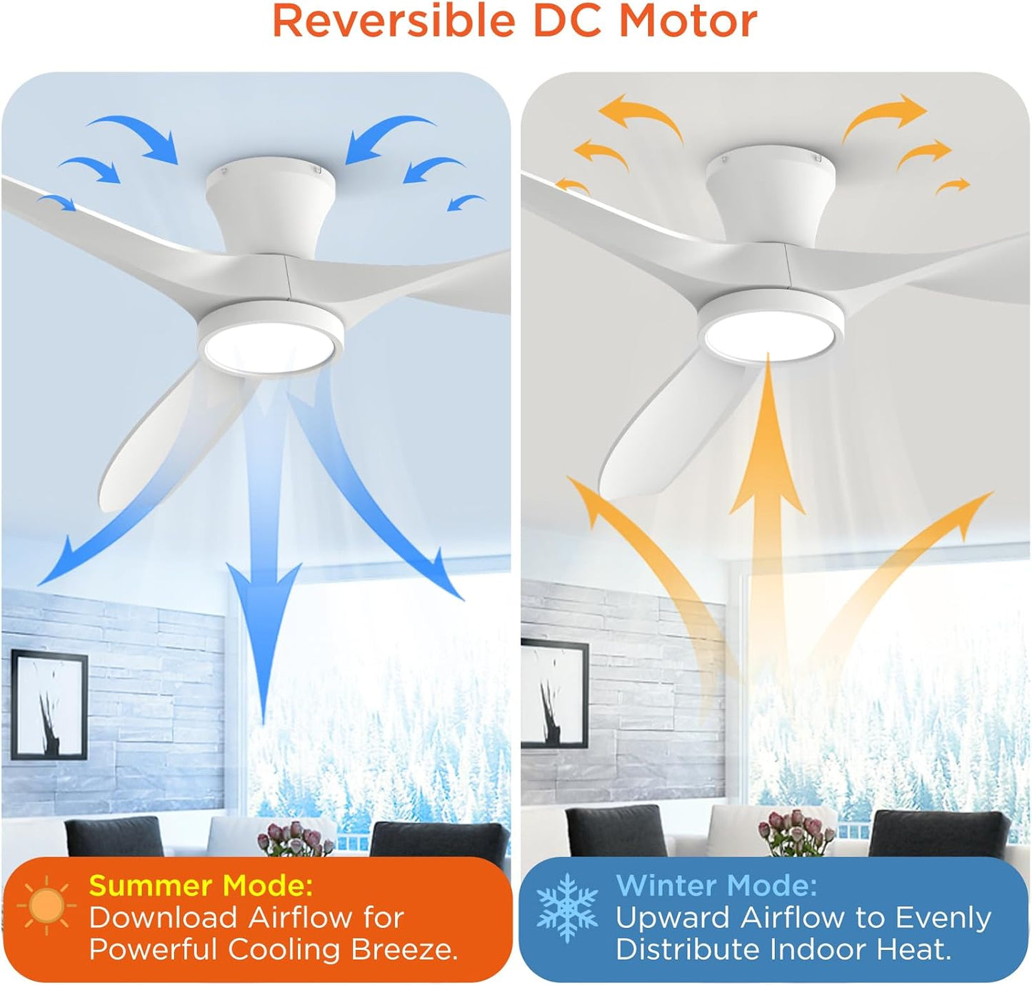 TALOYA 52 inch Ceiling Fans with Lights Remote Control, Modern Low Profile Ceiling Fan with Quiet Reversible DC Motor for Bedroom Living Room and Patio White