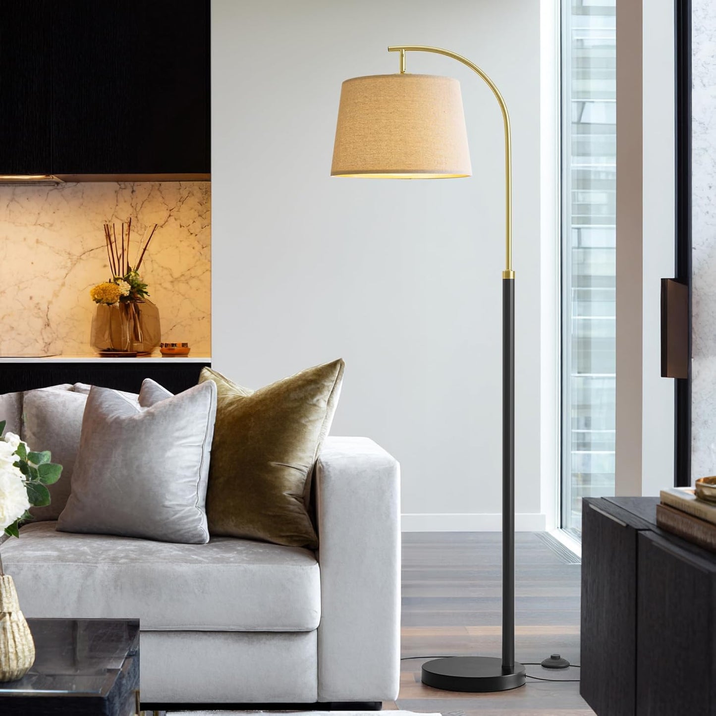 62.5" Wood Floor Lamp for Living Room Gold with Foot Switch Arc Standing Tall Lamps for Bedroom Mid Century Modern Corner Floor Lamps for Office Nursery Industrial Reading Light Room Lamp