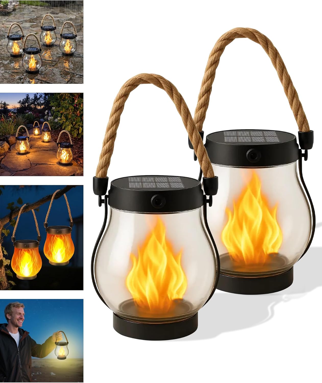 Kaliqo – Kaliqo Solar Lantern Outdoor Lights Waterproof, Dancing Flame Solar Lantern Outdoor Lights, Kaligo Hemp Rope Hanging Flame Lanterns for Garden Yard Decorations (6Pcs)