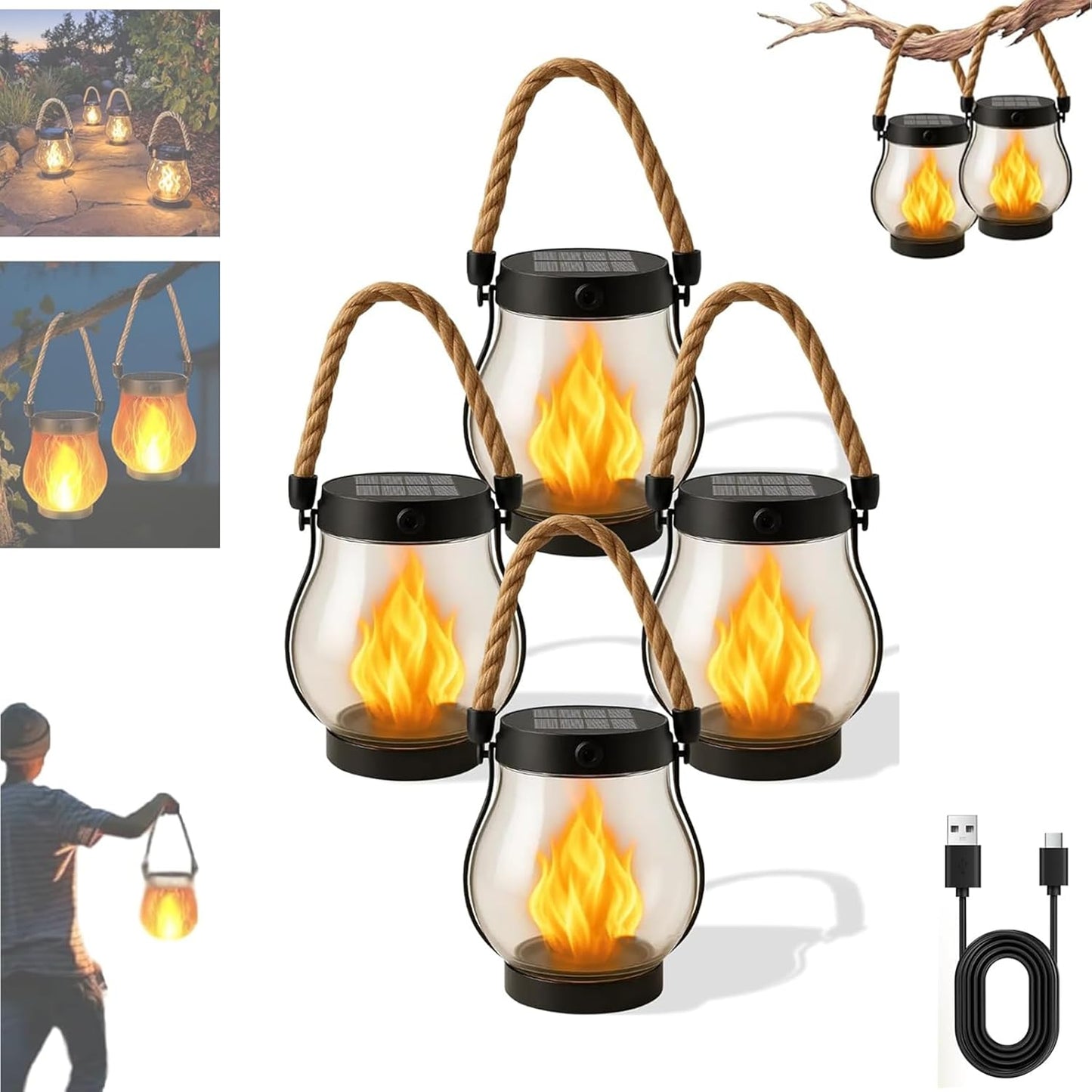 Kaliqo Solar Lantern Outdoor Lights Waterproof, Dancing Flame Solar Lantern Outdoor Lights, Kaligo Hemp Rope Hanging Flame Lanterns for Garden Yard Decorations (5pcs)