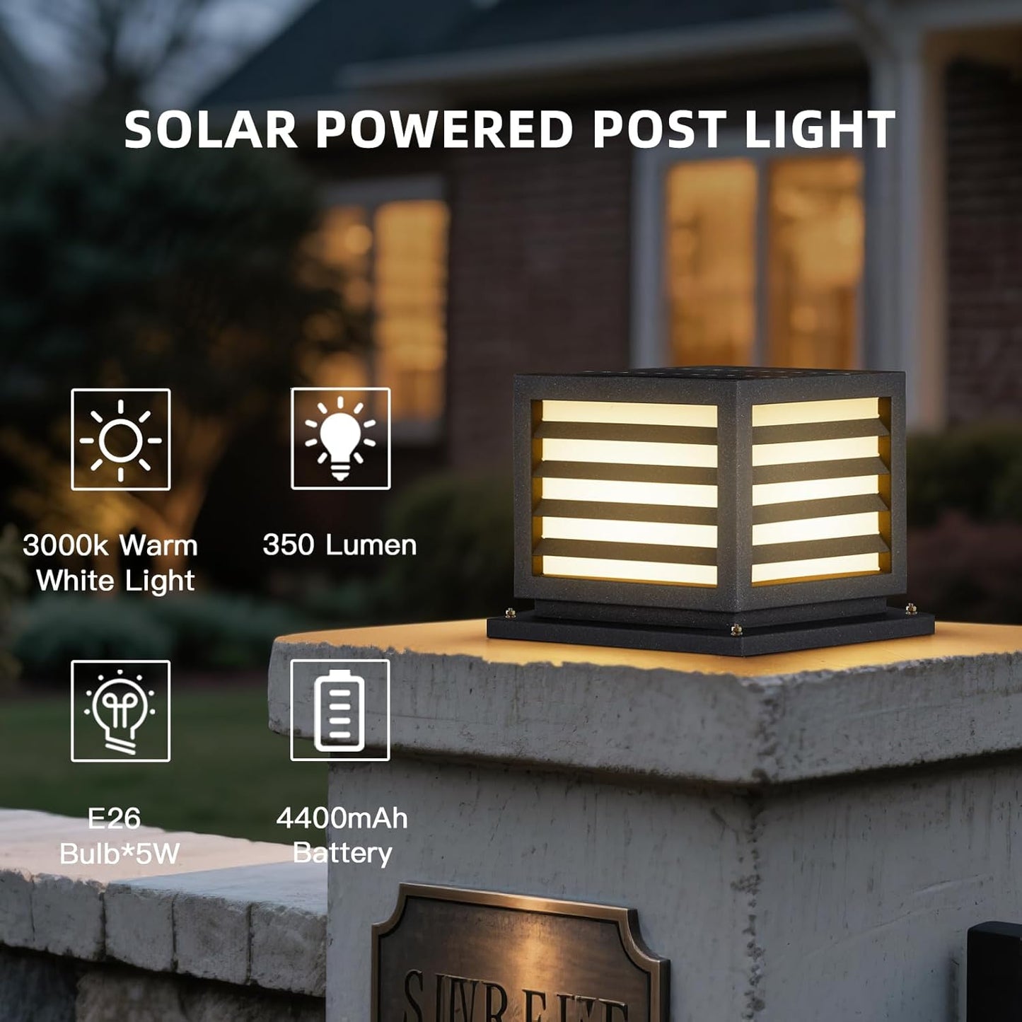 Solar Post Lights, 9.84" Pillar Light Outdoor Waterproof Modern Column Lamp Outside Gate Posts Cap Lantern 3000K LED Lighting Fixture for Flat Surface Patio Garden Driveway Decoration