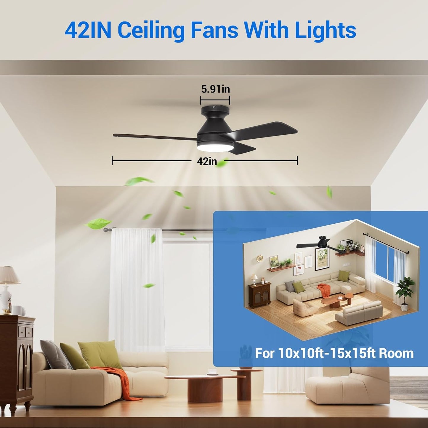 Ceiling Fans with Lights, 42 Inch Low Profile Ceiling Fan with Light and Remote Control, Reversible, LED Dimmable for Bedroom Living Room Indoor/Outdoor Patio Use