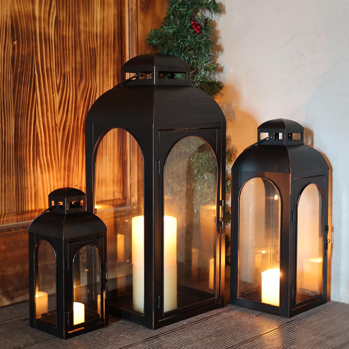 NEEDOMO Lanterns Decorative Indoor&Outdoor,Set of 3 Outdoor Lanterns for Porch, 26" Metal Frame Candle Holders with Glass, Fall, Christmas