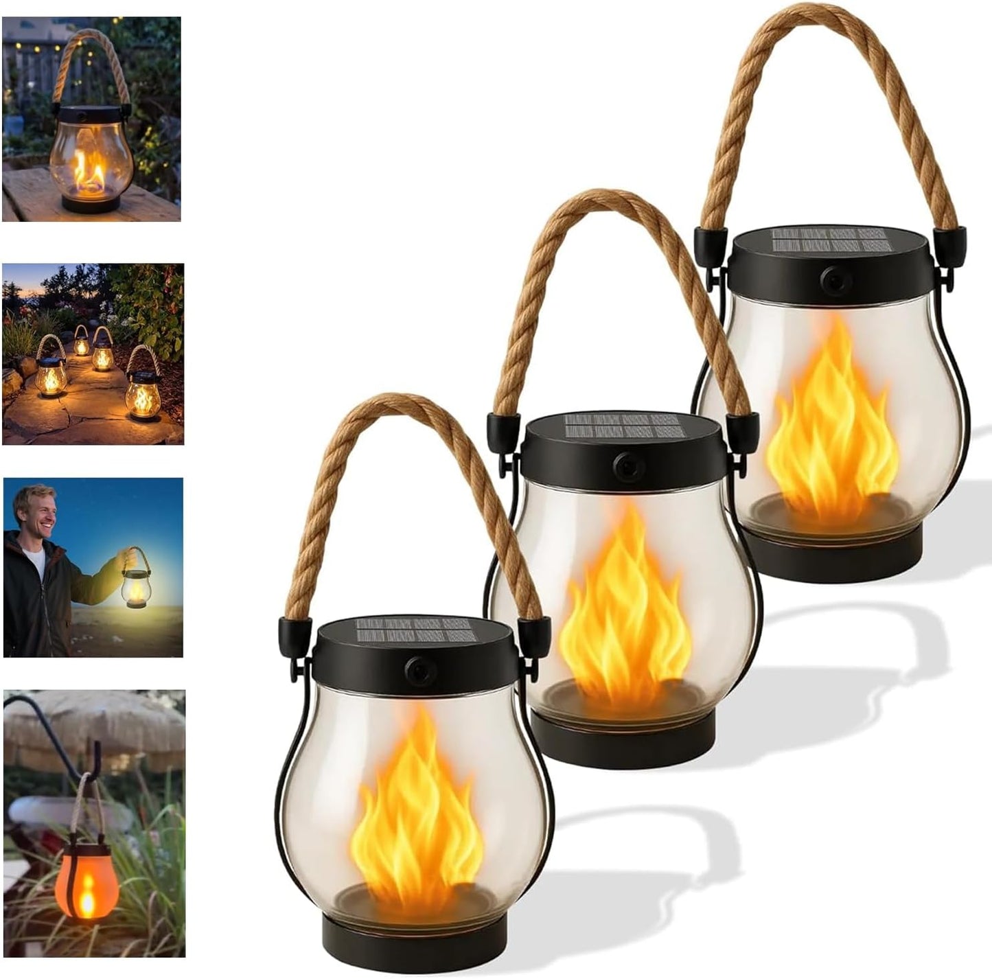Kaliqo Solar Lantern Outdoor Lights, Waterproof Dancing Flame Solar Lantern Outdoor Lights, Hemp Rope Hanging Flame Lanterns for Garden Yard Decorations (5 Pcs)