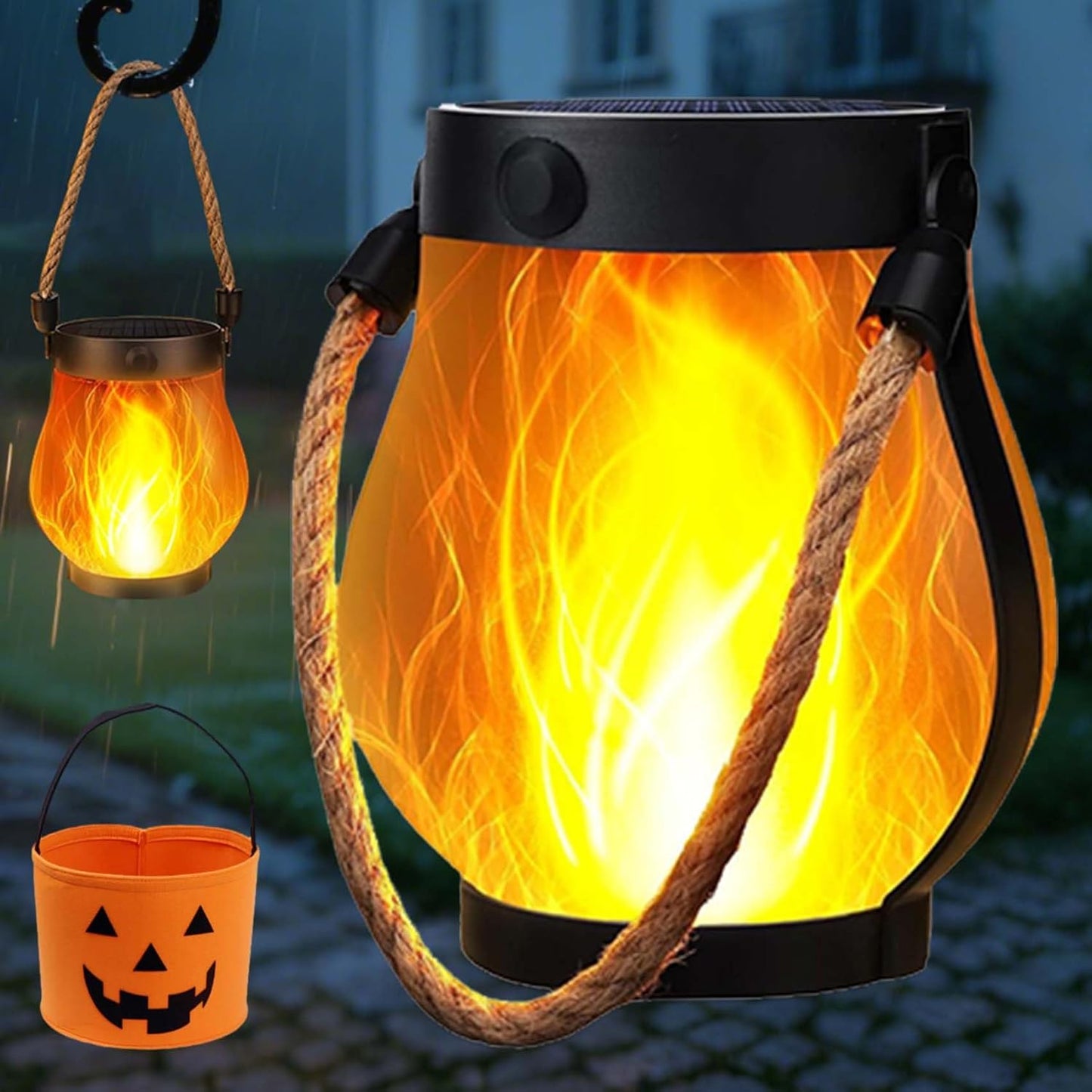 Solar Lantern Outdoor Lights, whimsyard solars Lantern Waterproof with Hemp Rope, Hanging Solar Lanterns, Dual Charging Modes for Garden Yard Decorations (5PCS)