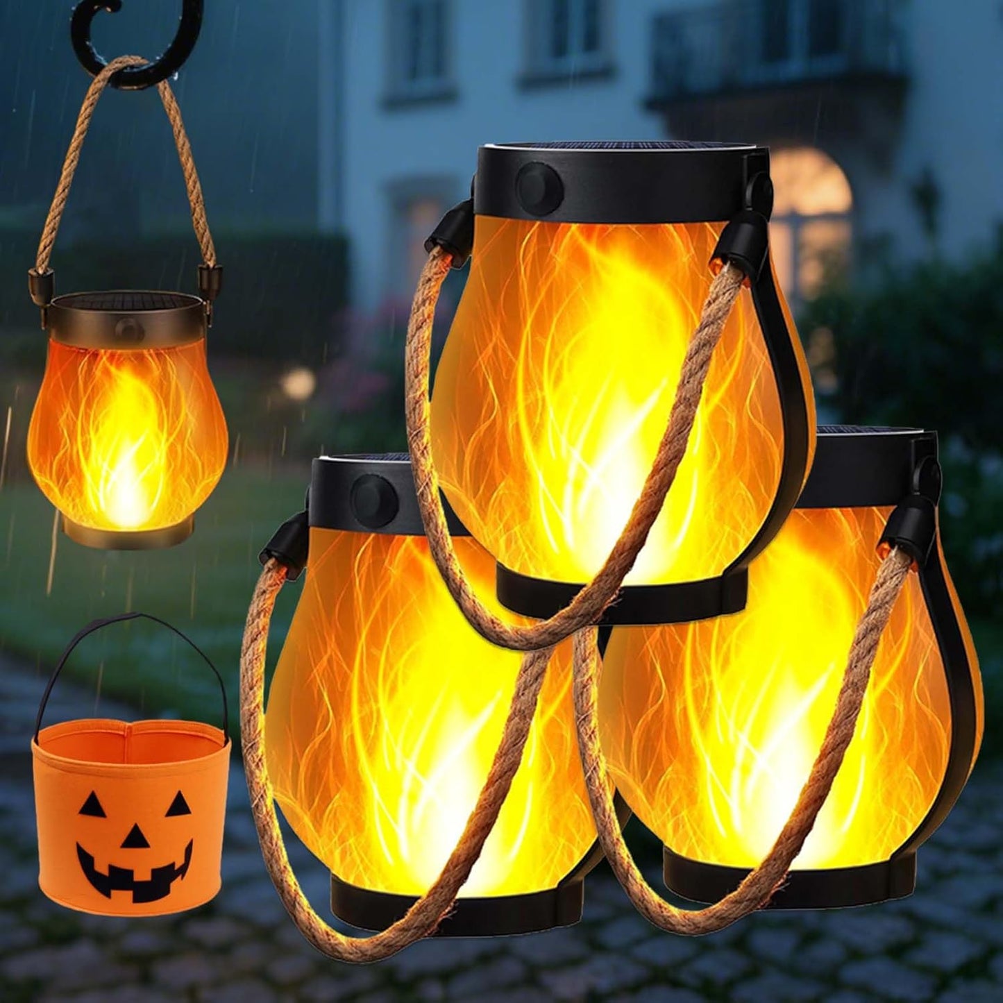 Solar Lantern Outdoor Lights, whimsyard solars Lantern Waterproof with Hemp Rope, Hanging Solar Lanterns, Dual Charging Modes for Garden Yard Decorations (5PCS)