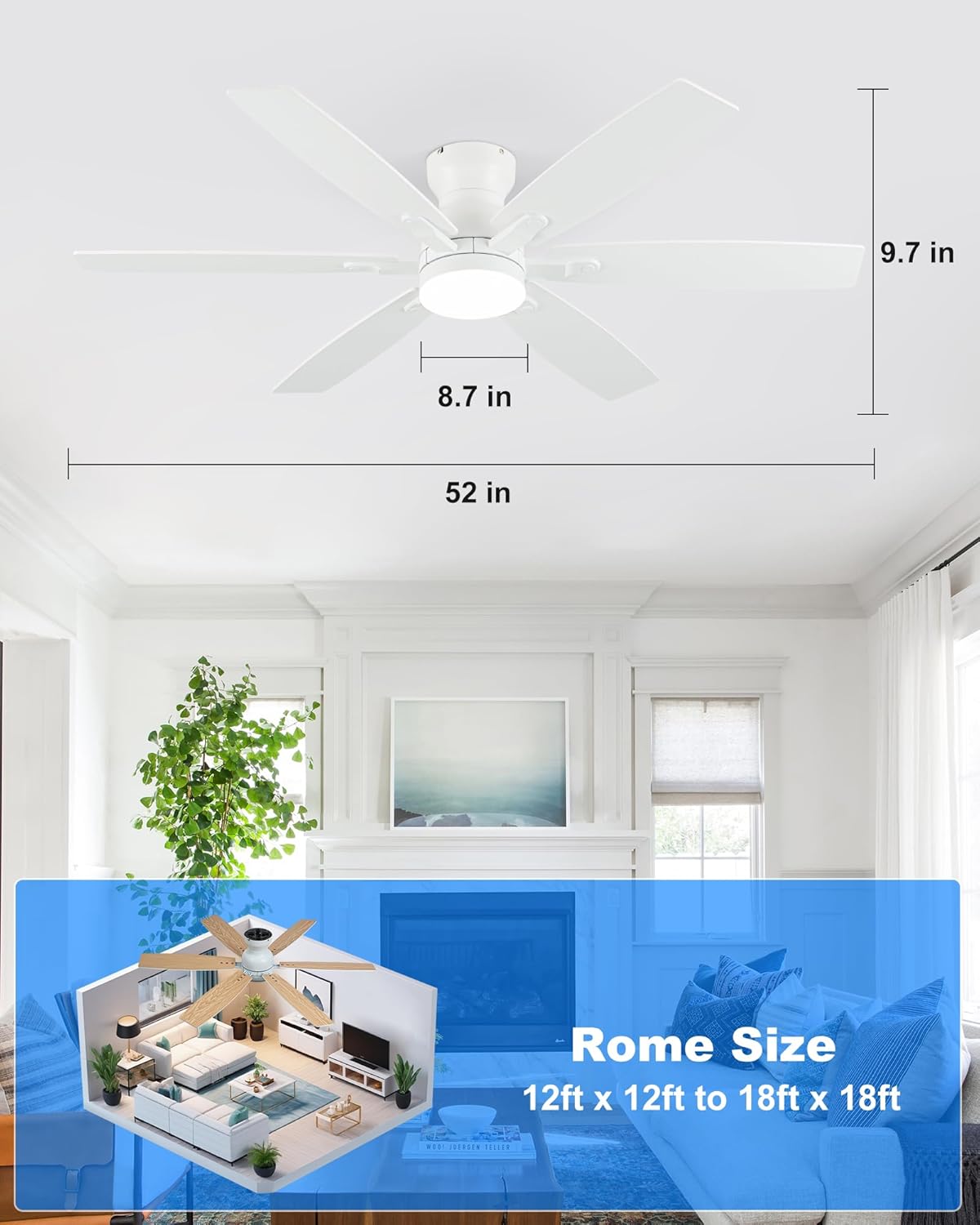 Coolwind 52 Inch White Low Profile Ceiling Fan with Light, 6 Speeds 3 Color Temperatures Led Outdoor Ceiling Fans for Bedroom