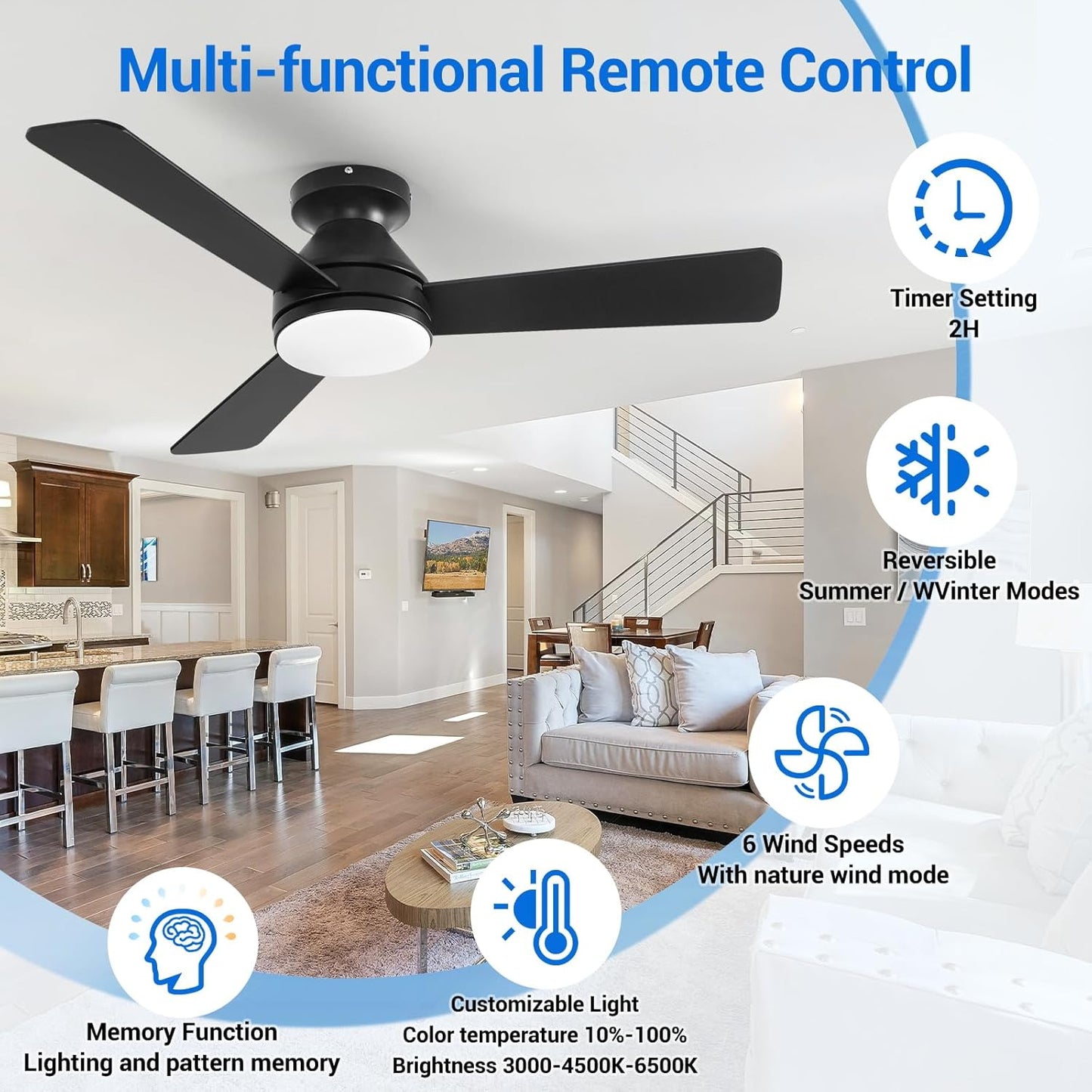 Ceiling Fans with Lights, 42 Inch Low Profile Ceiling Fan with Light and Remote Control, Reversible, LED Dimmable for Bedroom Living Room Indoor/Outdoor Patio Use