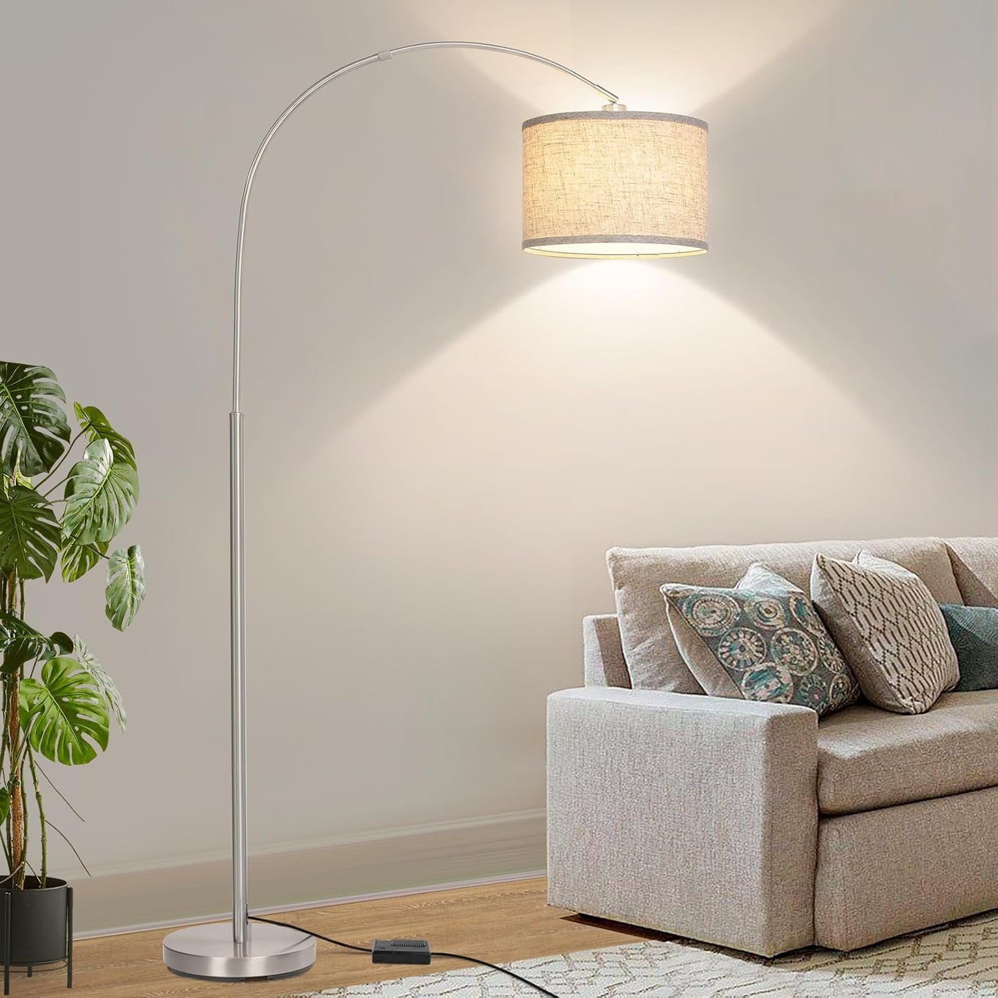 Dimmable Floor Lamp, Arc Floor Lamp with Dimmer, Black Standing Lamp with Adjustable Hanging Shade, Over Couch Tall Reading Light, Modern Pole Lamp for Living Room Bedroom, 9W LED Bulb Included