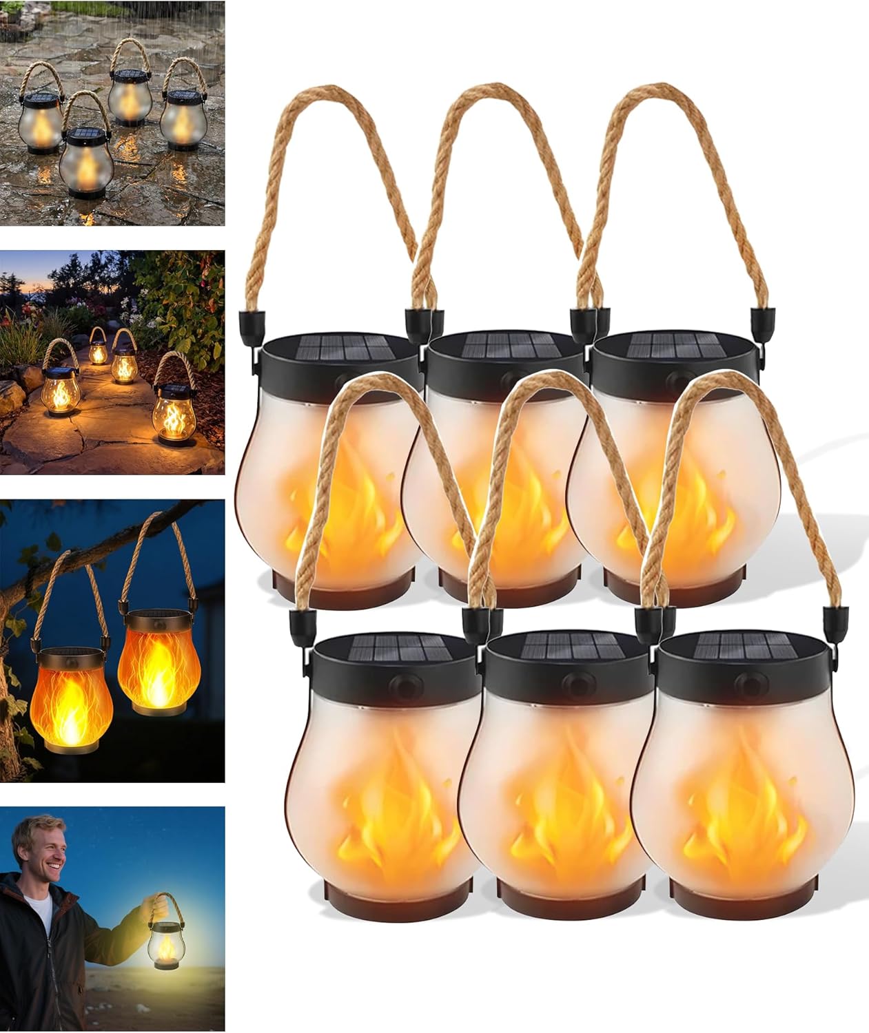 Kaliqo – Kaliqo Solar Lantern Outdoor Lights Waterproof, Dancing Flame Solar Lantern Outdoor Lights, Kaligo Hemp Rope Hanging Flame Lanterns for Garden Yard Decorations (6Pcs)