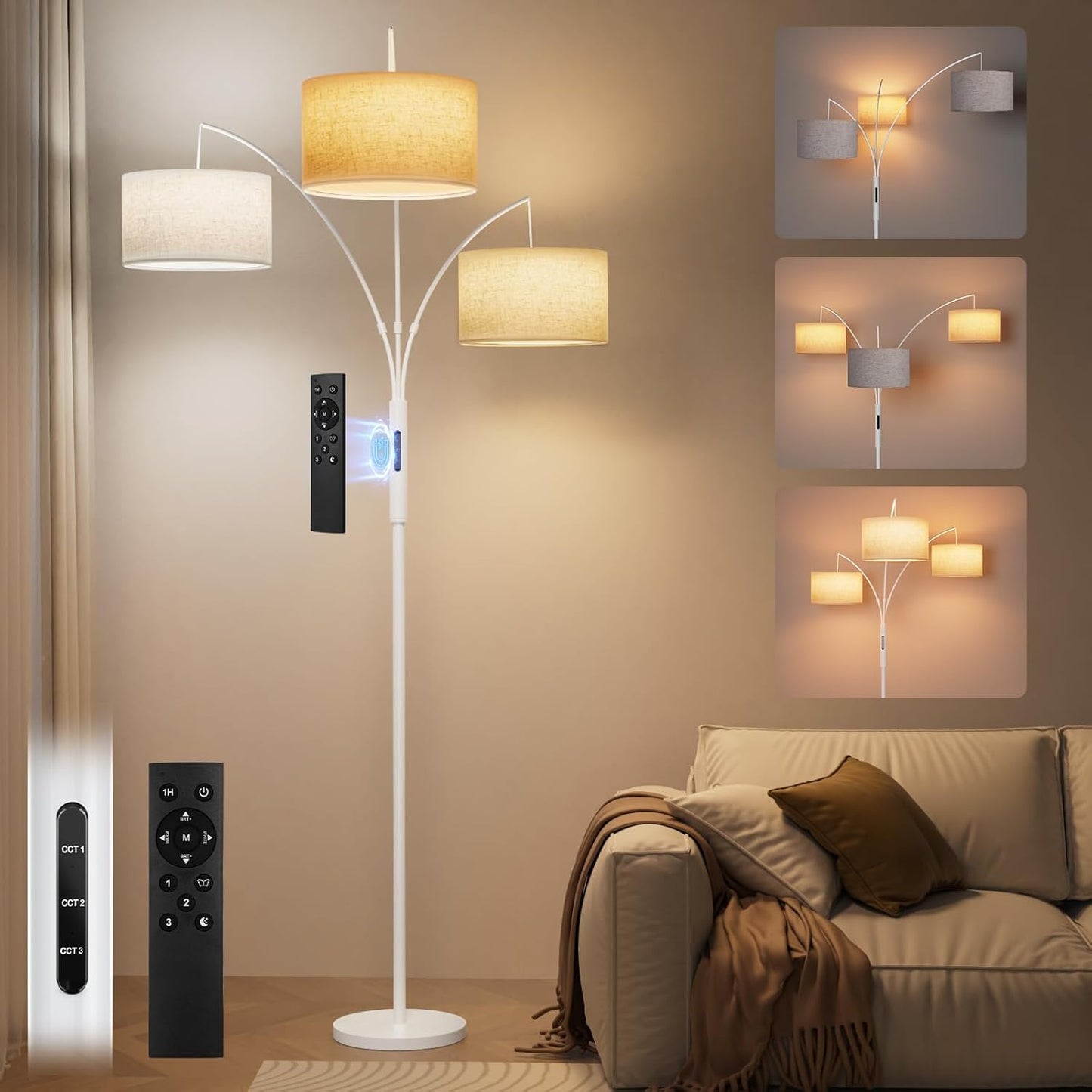 36W LED Arc Floor Lamp with 3 Fabric Shades, 3000LM Super Bright Standing Lamp with Remote Control & Touch, Stepless Dimming, Individual Light Control for Living Room, Bedroom