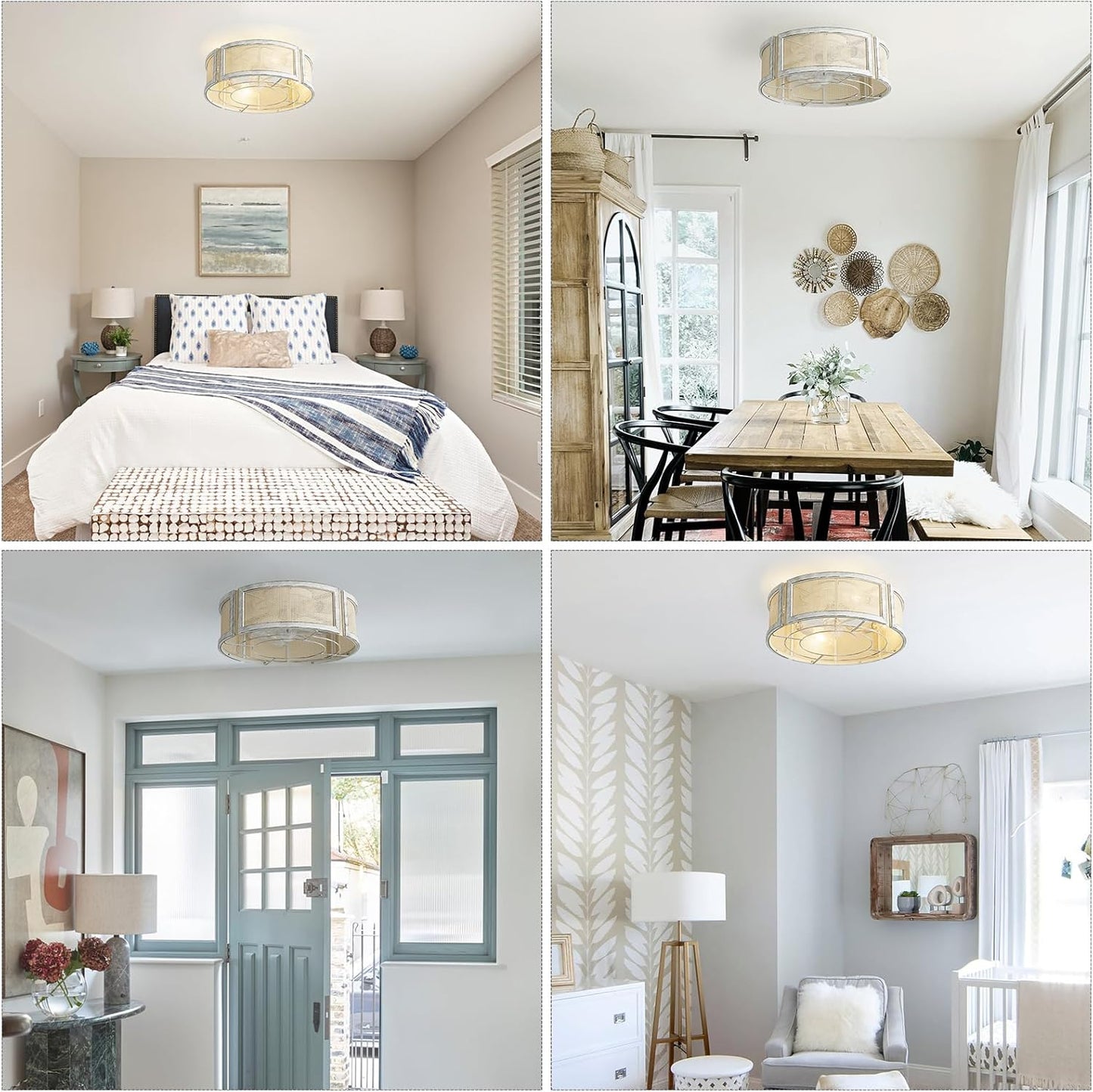 20" Boho Ceiling Fans with Lights, Rattan Flush Mount Ceiling Fan with Light Remote Control with Caged 6 Speeds for Bedroom, Nursery, Living Room (White)
